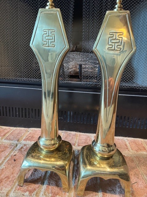 Pair Sunset Brass Fireplace Andirons Chenets Mid Century Modern H 17″