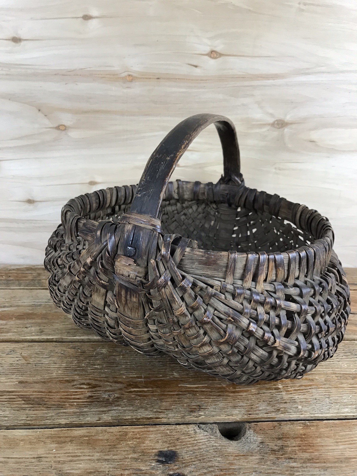 Antique Vintage Primitive Hand Woven Buttocks Gathering Basket Bentwood Handle