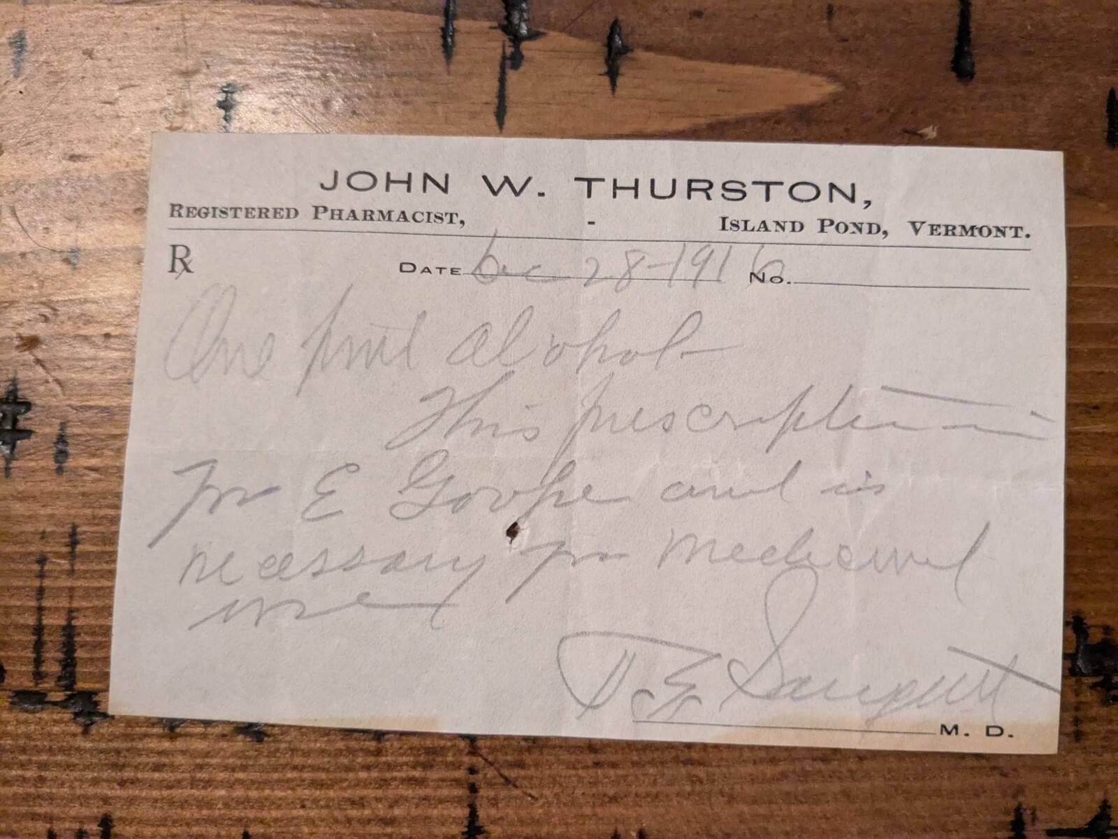 Antique Alcohol Prescription Dated 1916, Island Pond Vermont Ab