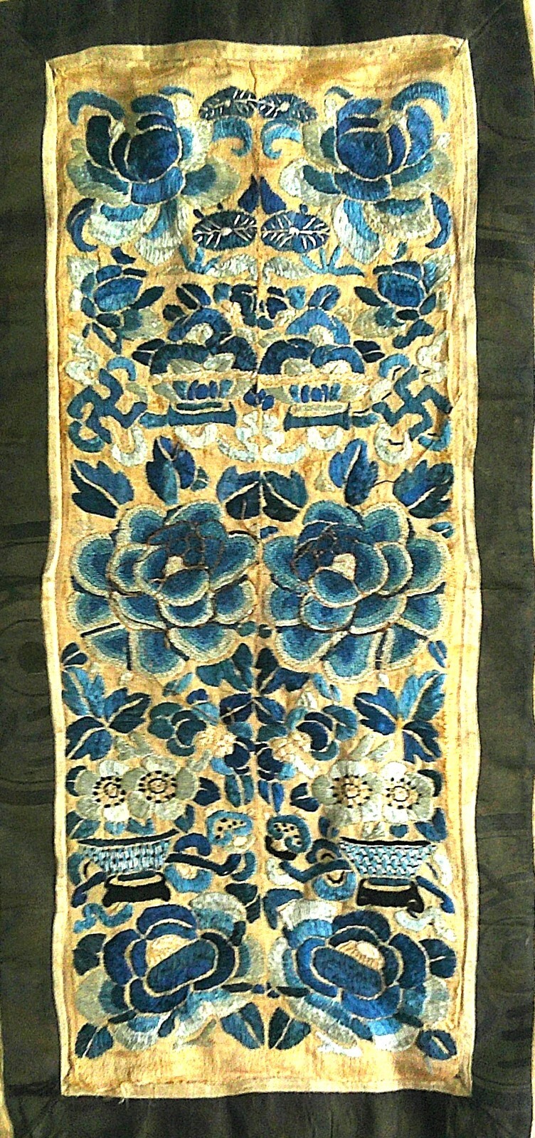 Antique Chinese Embroidery Blue and Off White Sleeve Bands Panel 21 inch