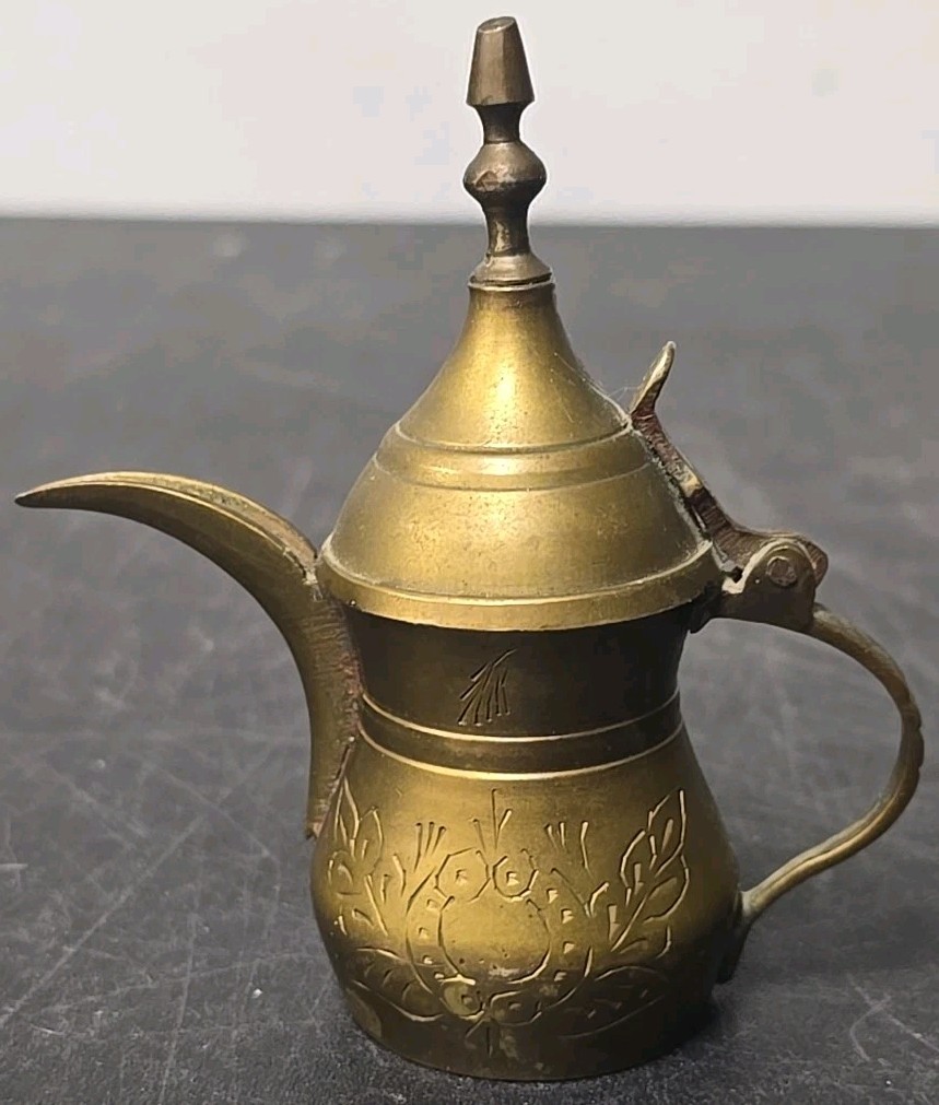Vtg Middle Eastern 4″ Brass Coffee/Tea Pot Metal Etched
