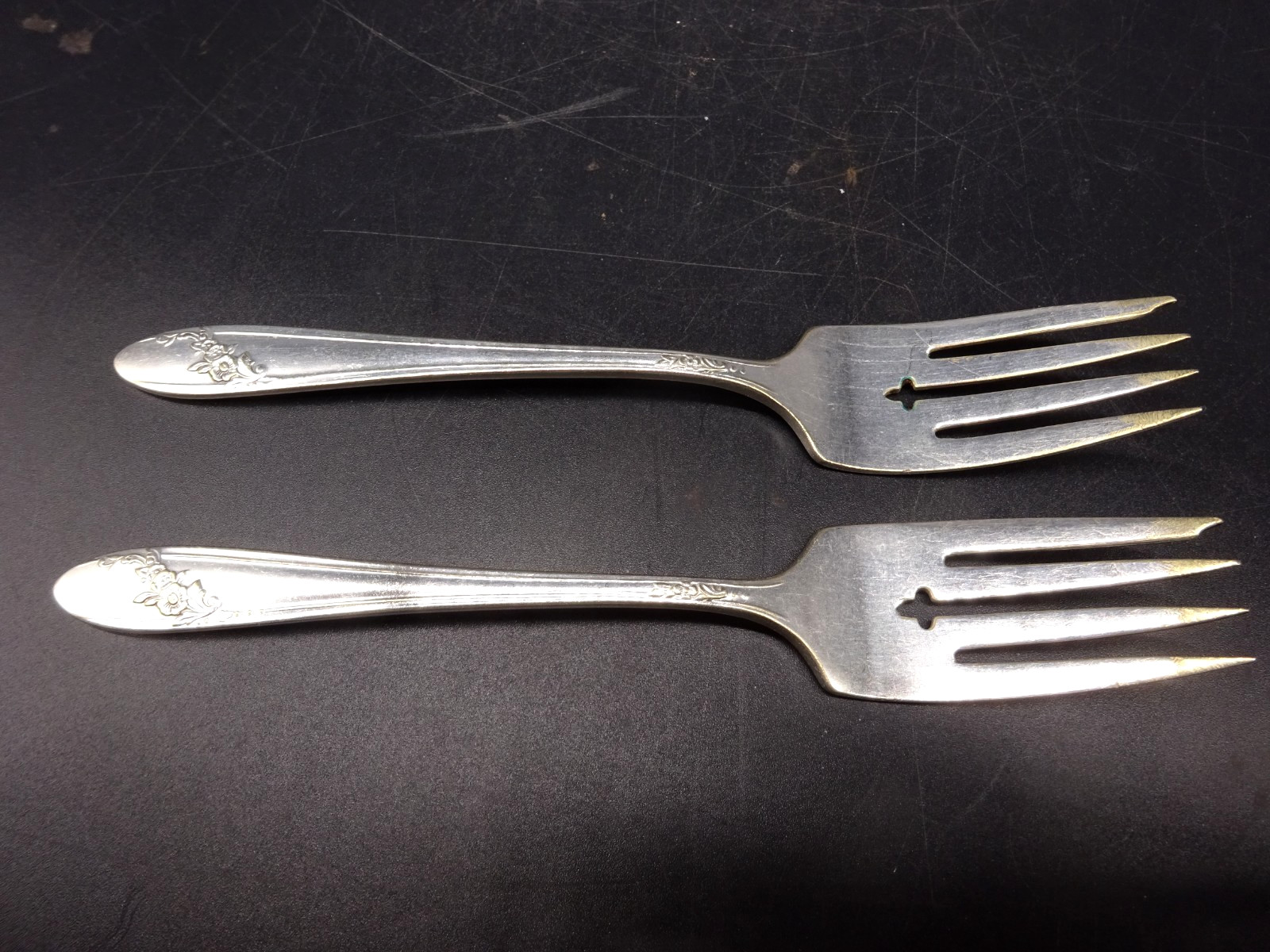 Two Oneida Silver Tudor Plate Community Queen Bess II Fork Flatware Floral 6.5″