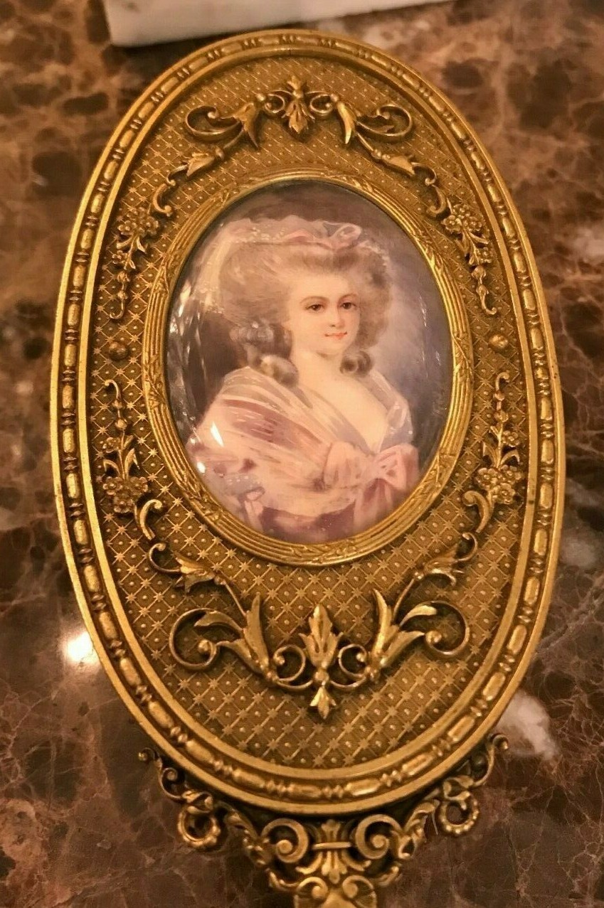 Antique French Dore Bronze Gilt Portrait Painting under Glass Hairbrush Xlnt!