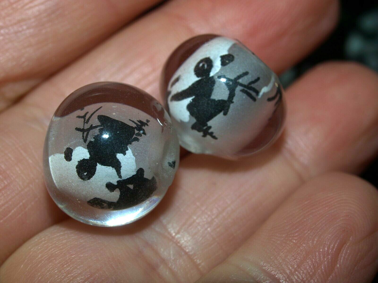 Pair of Vintage Chinese Reverse Painted Glass Beads Panda Bears 15mm Round