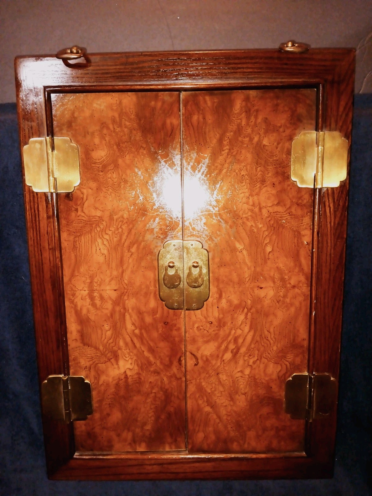 Vintage Burled Walnut and Ash Two-Door Enclosed Mirror with Brass Hardware