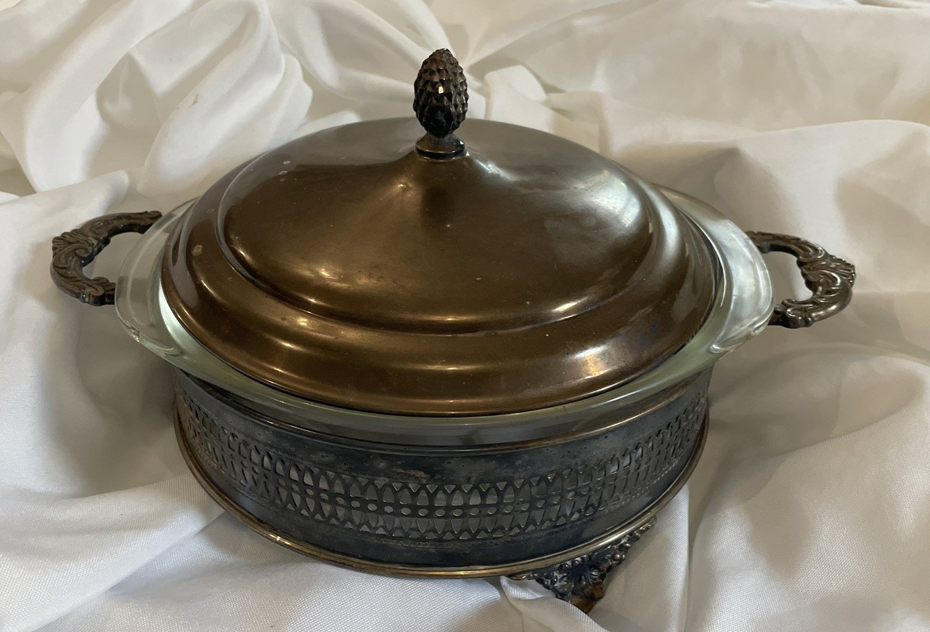 Vintage Silver-Plated Sheffield/Pyrex 2Qt Footed Serving Bowl Set with Cover