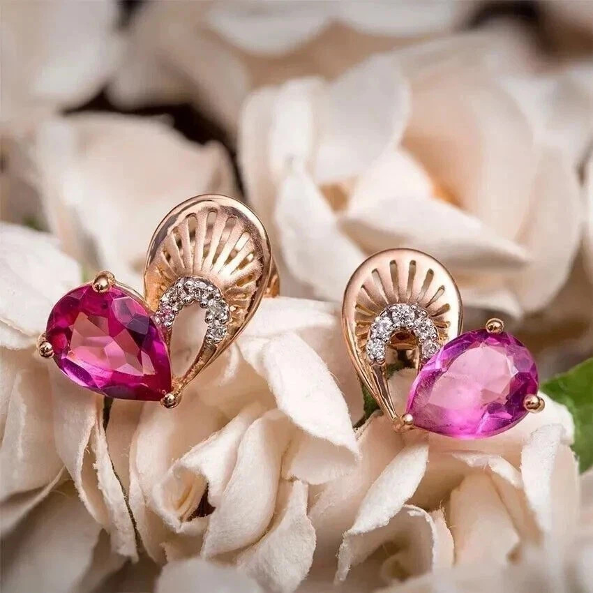 2Ct Pear Cut Lab Created Pink Sapphire Heart Stud Earrings 14k Rose Gold Plated