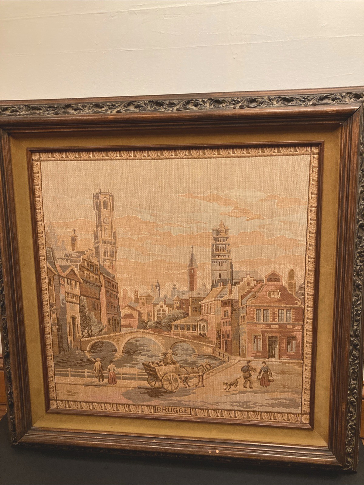 Antique Tapestry Brugge 26×26 1/2 Ornate Frame and Velvet Matte Wall Art