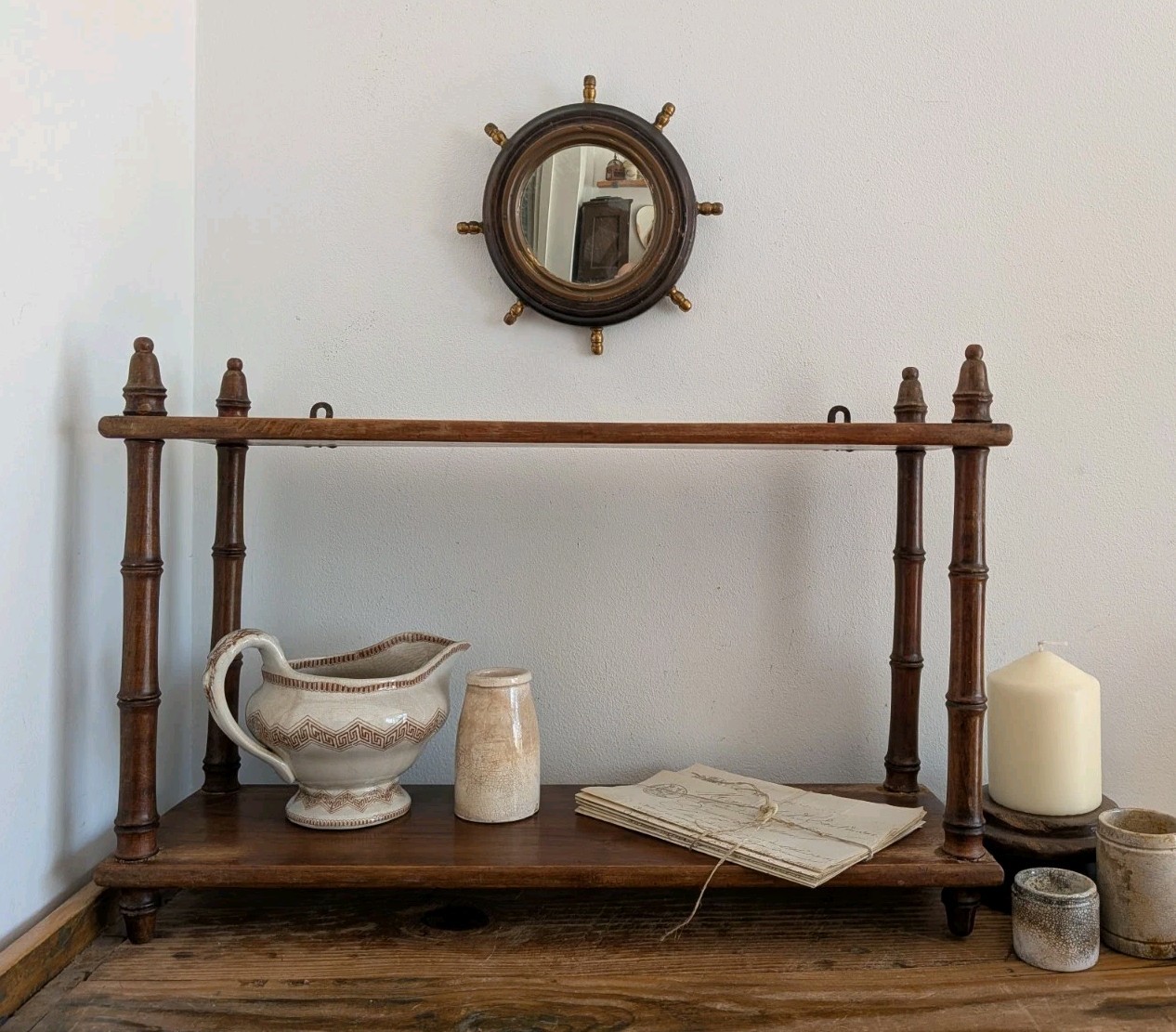 Antique Vintage French Faux Bamboo Wall Shelf Two Tier Wooden Finials Bookshelf