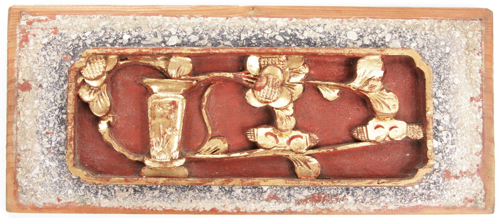 Antique Chinese Qing Dynasty Carved Wood Panel Temple Vase w/ Flowers China Old