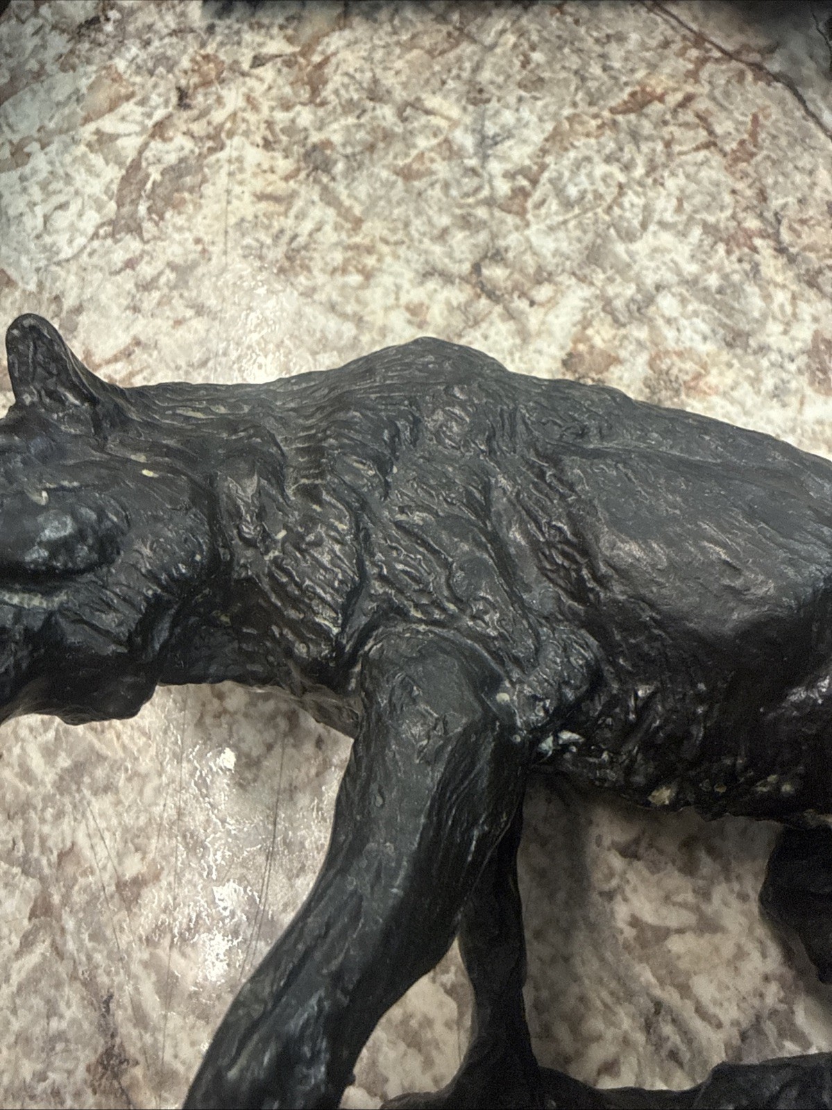 CM Russell Vintage Copyrighted 1971 Contway Bronze wolf with bone statue 22-50