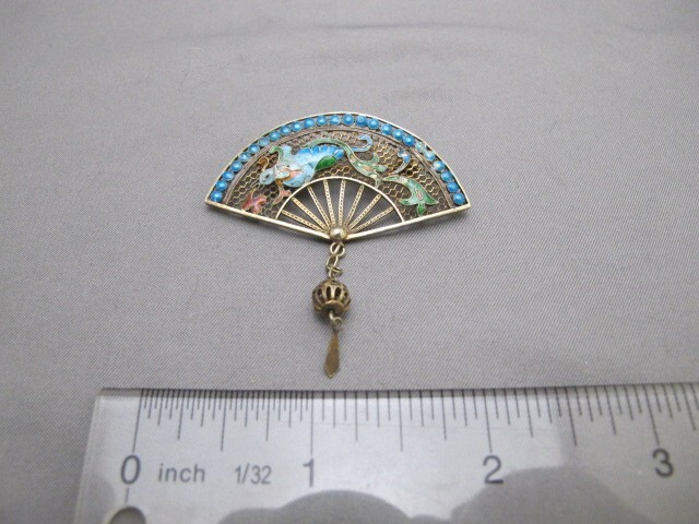 Vintage CHINESE Gilt Silver FILIGREE FAN PIN w/ENAMEL HOHO BIRD & Beading