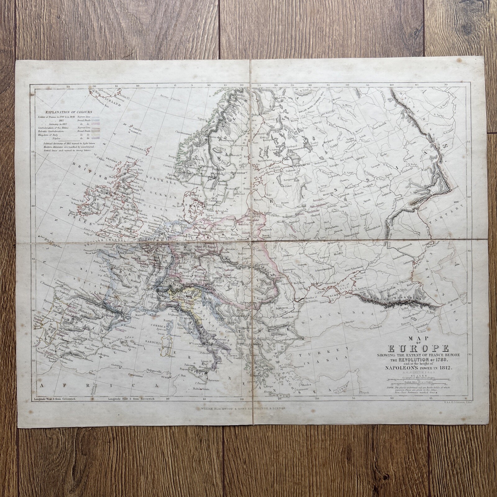 Antique Map Of Europe French Revolution Nepoleon Johnston 1789 1812 – Circa 1850