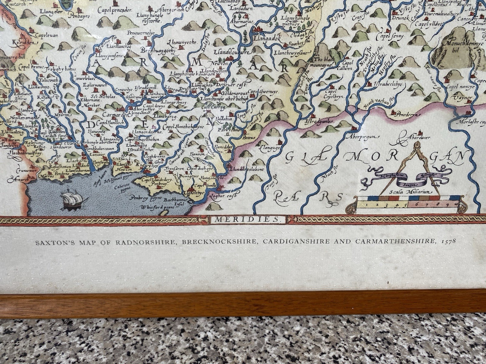 Large Vintage Framed Map Christopher Saxton’s 1578 Welsh Counties Wales
