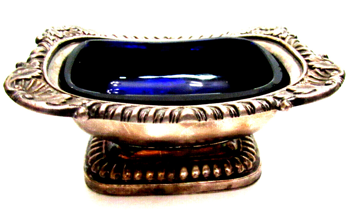 Antique Silver Plated Salt Cellar Dish Bowl Cobalt Glass Insert 4′ x 2′ x 3″