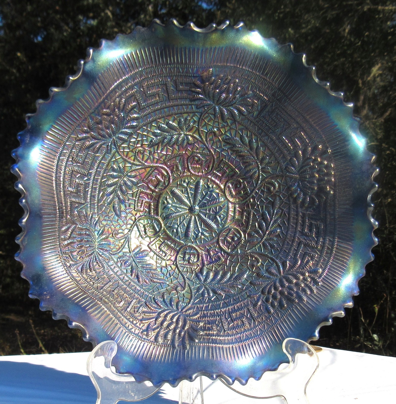 Beautiful Northwood, “Embroidered Mums”, Blue Carnival Bowl, Very Good Condition