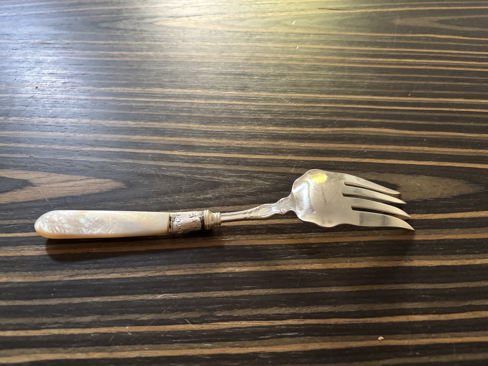 Antique Silverplate SERVING FORK Mother of Pearl STERLING Collar Ornate AS IS