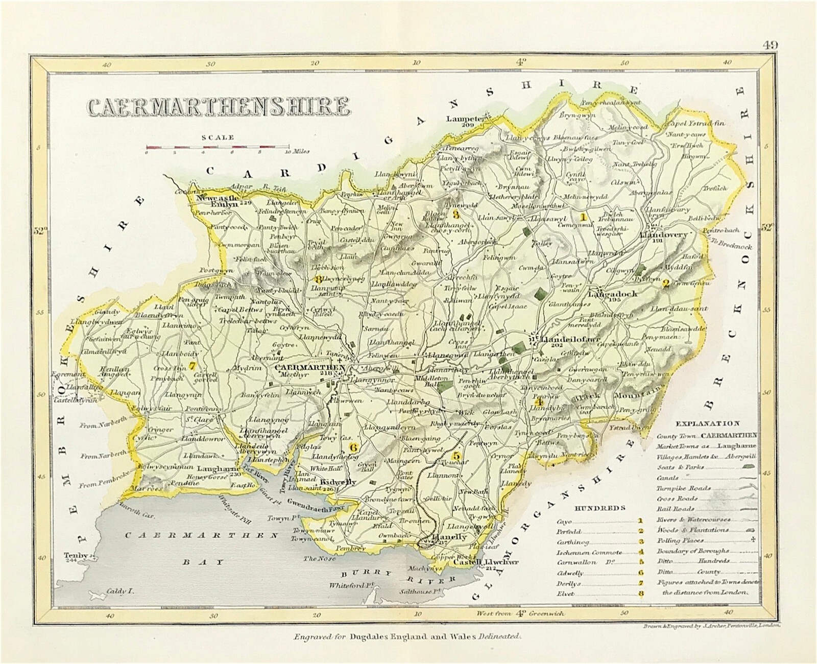 Carmarthenshire map 1840 Original by Joshua Archer Towns Parks Rail & Roads