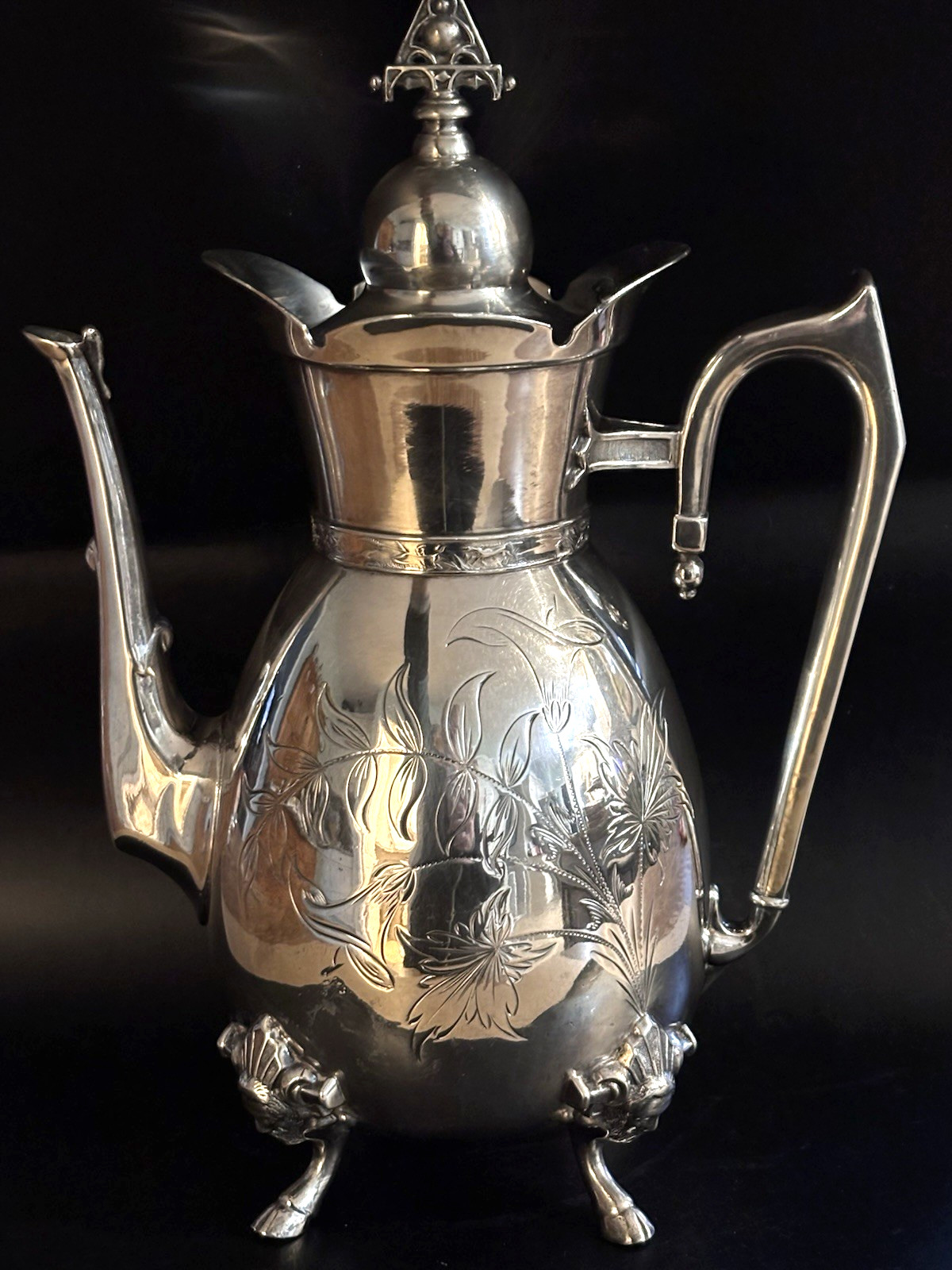 Antique 1860’s Aurora Co Silver Plated COFFEE SERVER, 12.5″, Mascaron Footed!