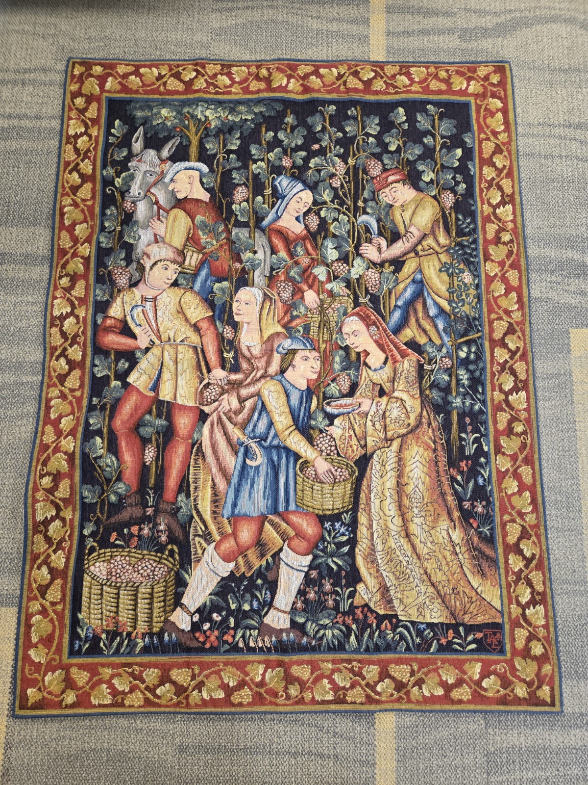 57.5″ x 42.5″ Goblys French Tapestry of a Medieval Wine Making Scene -Wall Hang