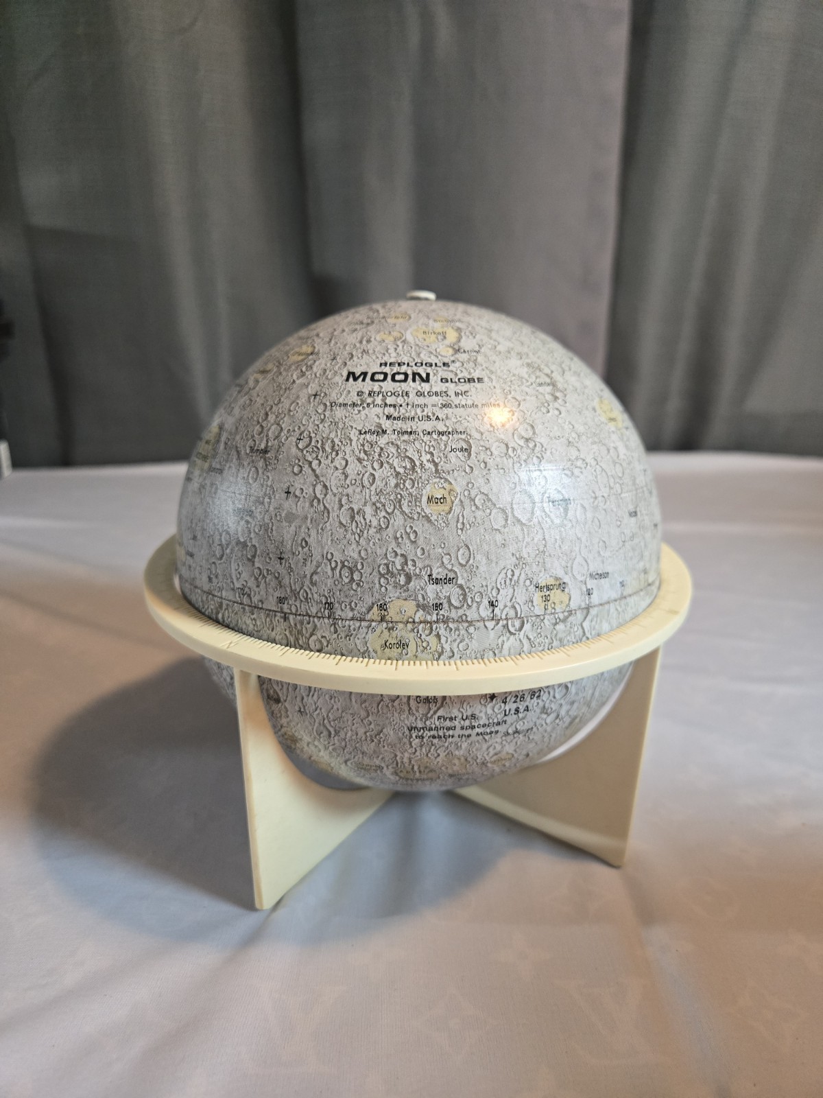 Vintage Replogle Moon Globe Tin Metal Map USA Made 1960s 1970s Lunar with BASE