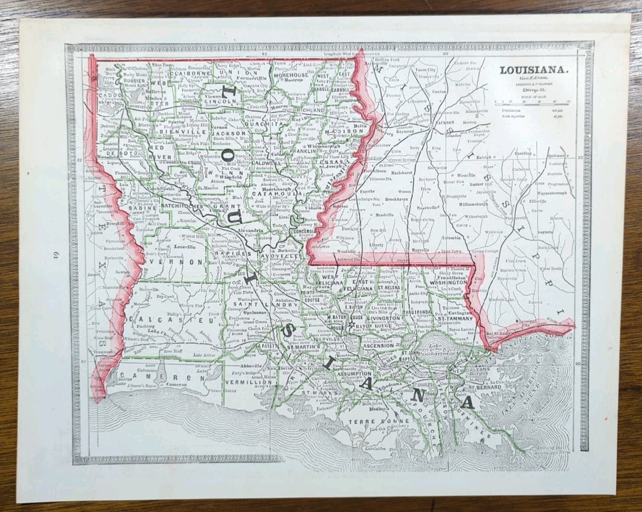 Vintage 1883 LOUISIANA Map 13″x11″ Old Antique Original NEW ORLEANS BATON ROUGE