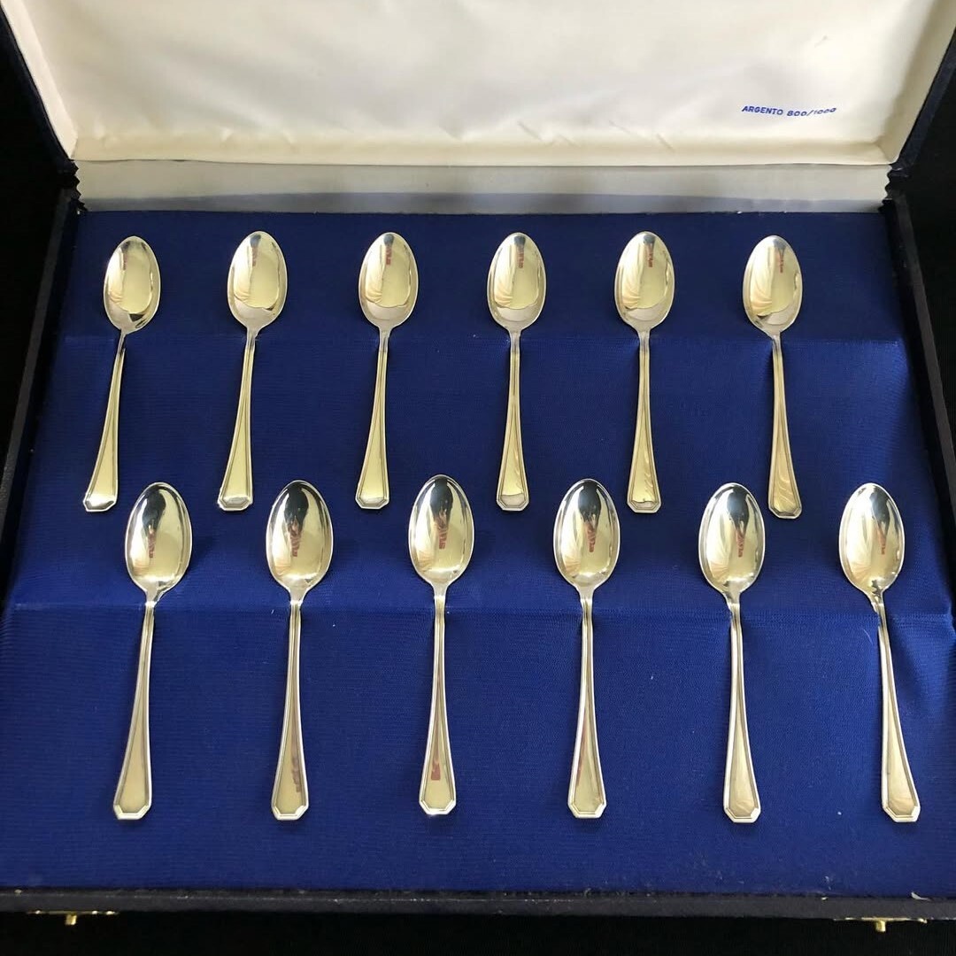 Vintage Silver Set Coffee Spoons Silver 800 Italy 1970 Native Box Signed