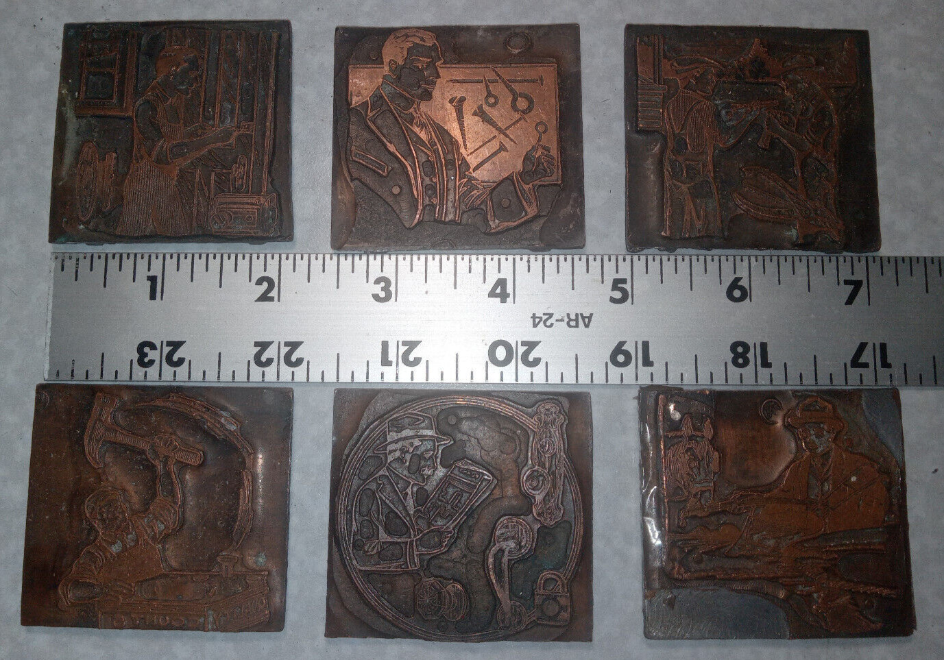 (6) 2″ Metal Antique Letterpress Printers Blocks Stamp MenIndustrial Revolution
