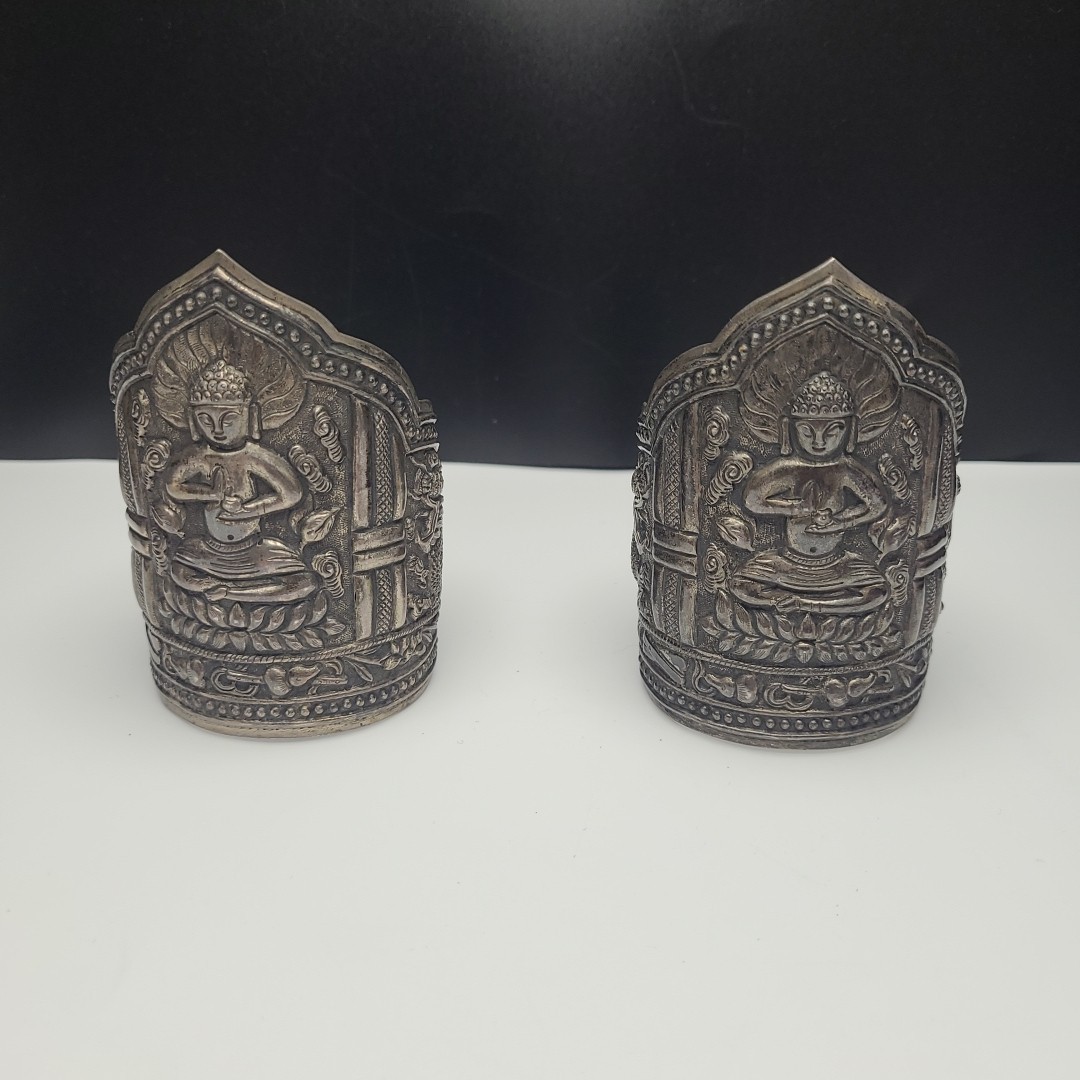 2 Cuff Repose Buddha & Dragons Made In China Silver Post Qing Dynasty Bracelets
