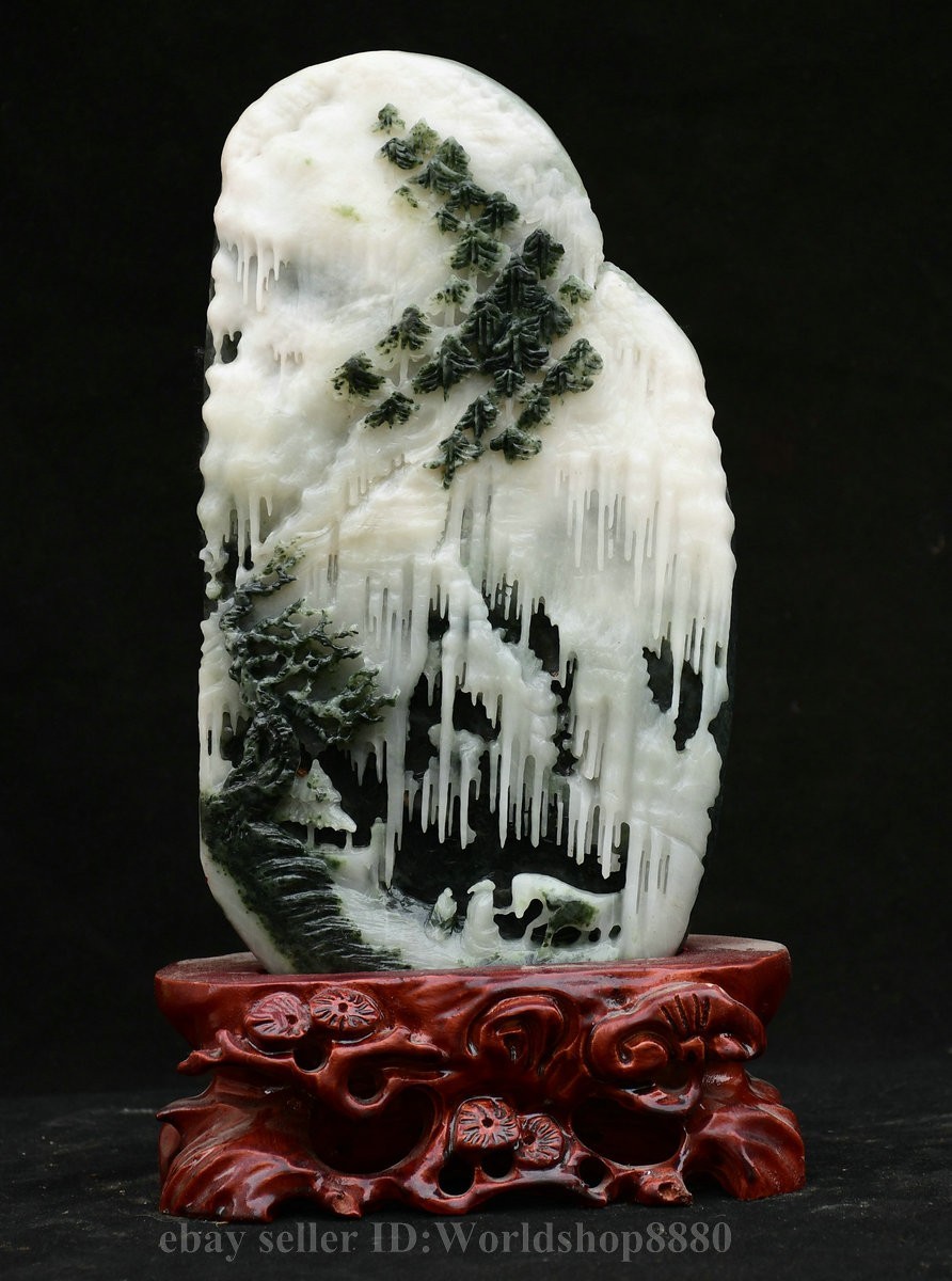 12.2″ Old Chinese Natural Dushan Jade Carved White Mountain House Tree Statue