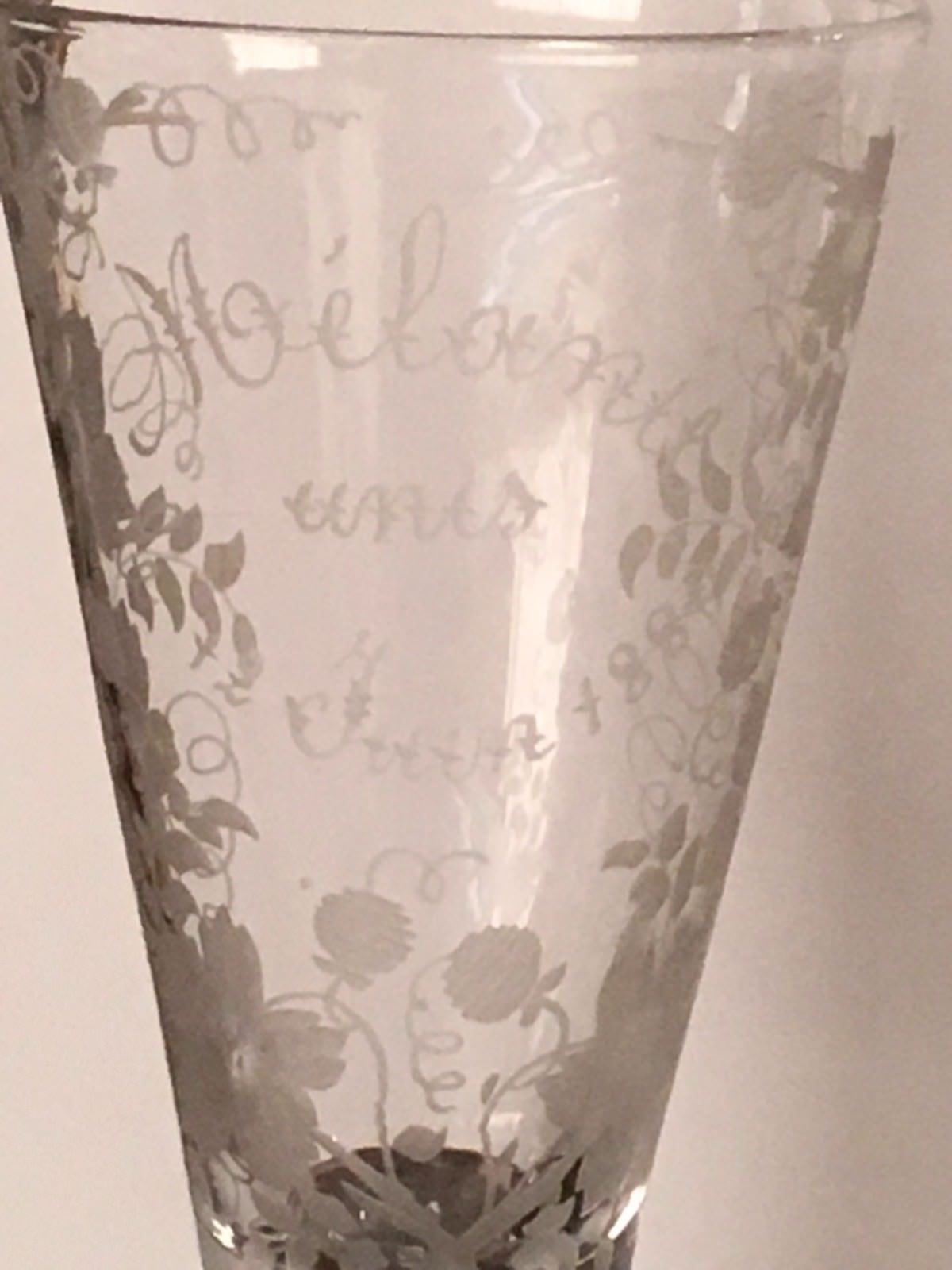 French Glass Goblet Vase Wine Champagne Wedding Dated 1880 Etched Floral