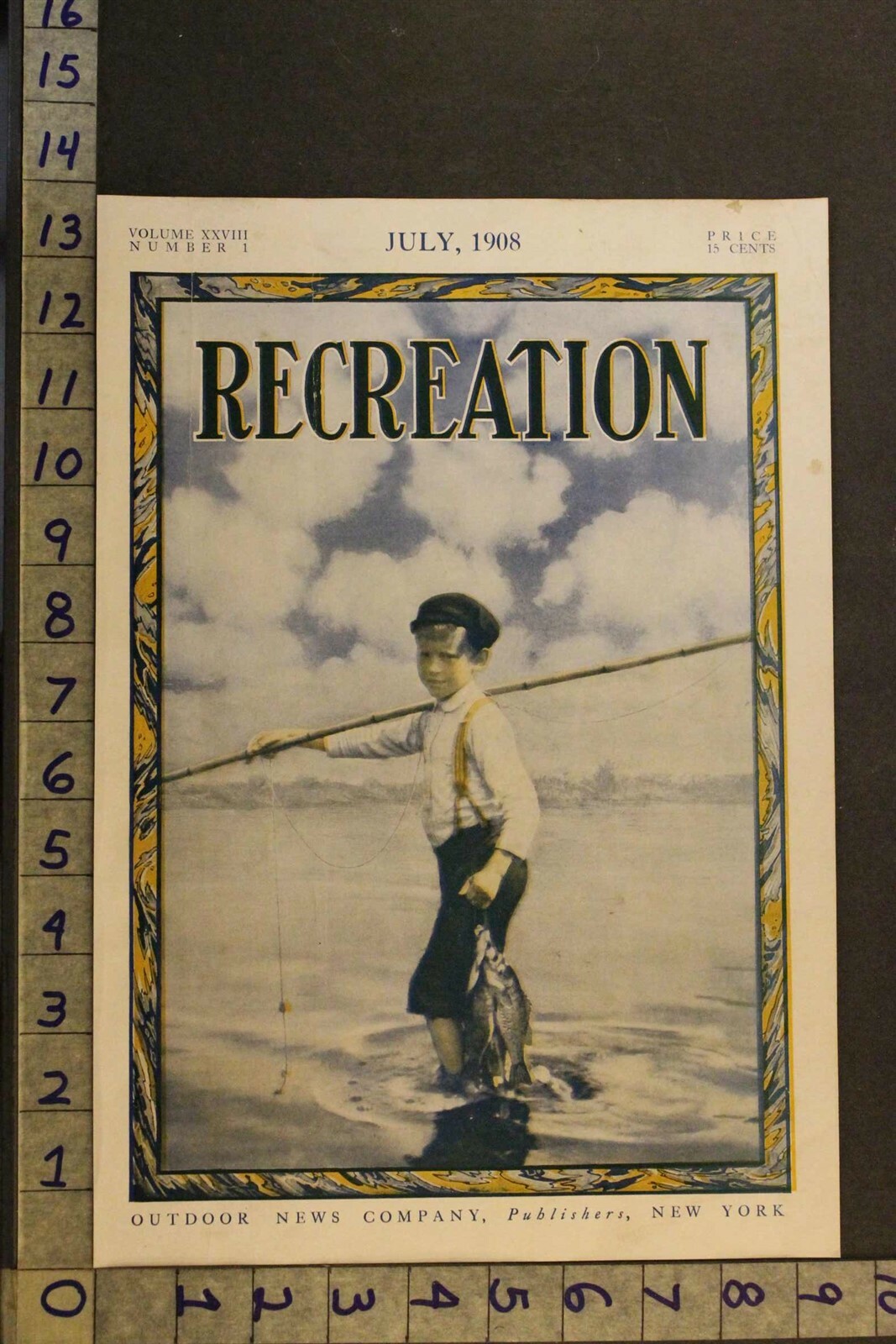 1908 RECREATION SPORT FISH BOY CANE POLE LAKE COLOR PHOTO VINTAGE ART COVER VD09