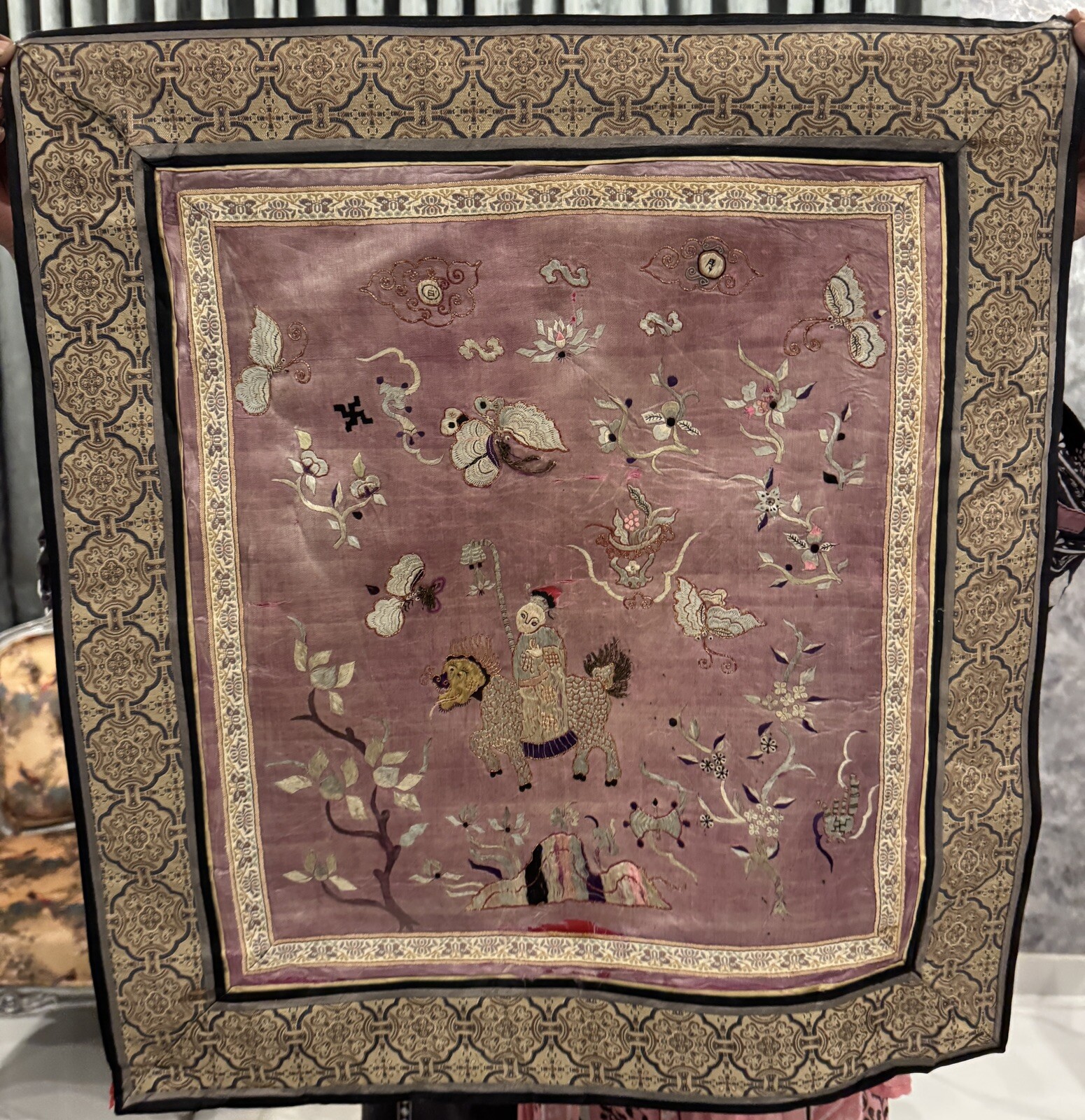 Antique Chinese Qing Dynasty Silk Hand Embroidery Panel, 50 X 55 Cm