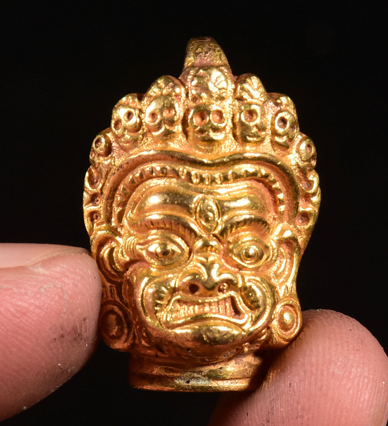 Tibet Bronze Gild Fengshui Mahakala Wrathful Deity Buddha Head Amulet Pendant