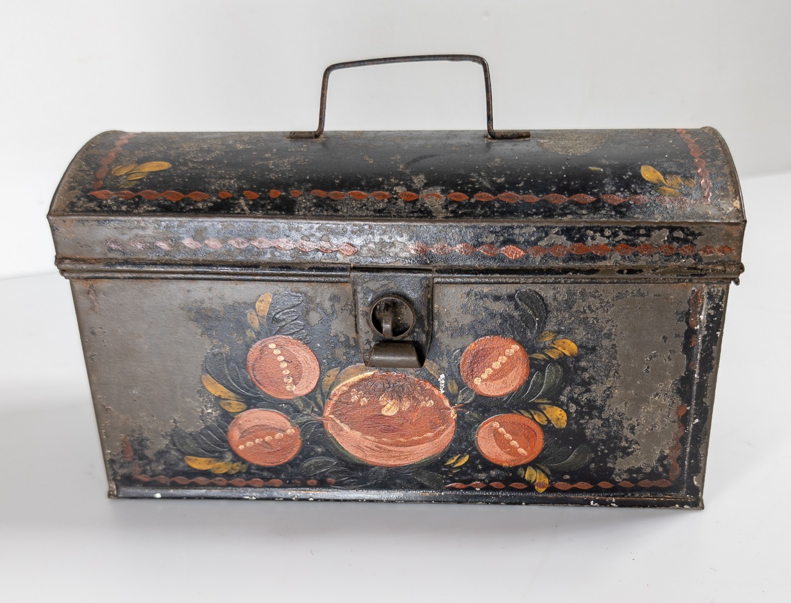 Antique 19th C. Rustic Painted Toleware Tin Box with Painting