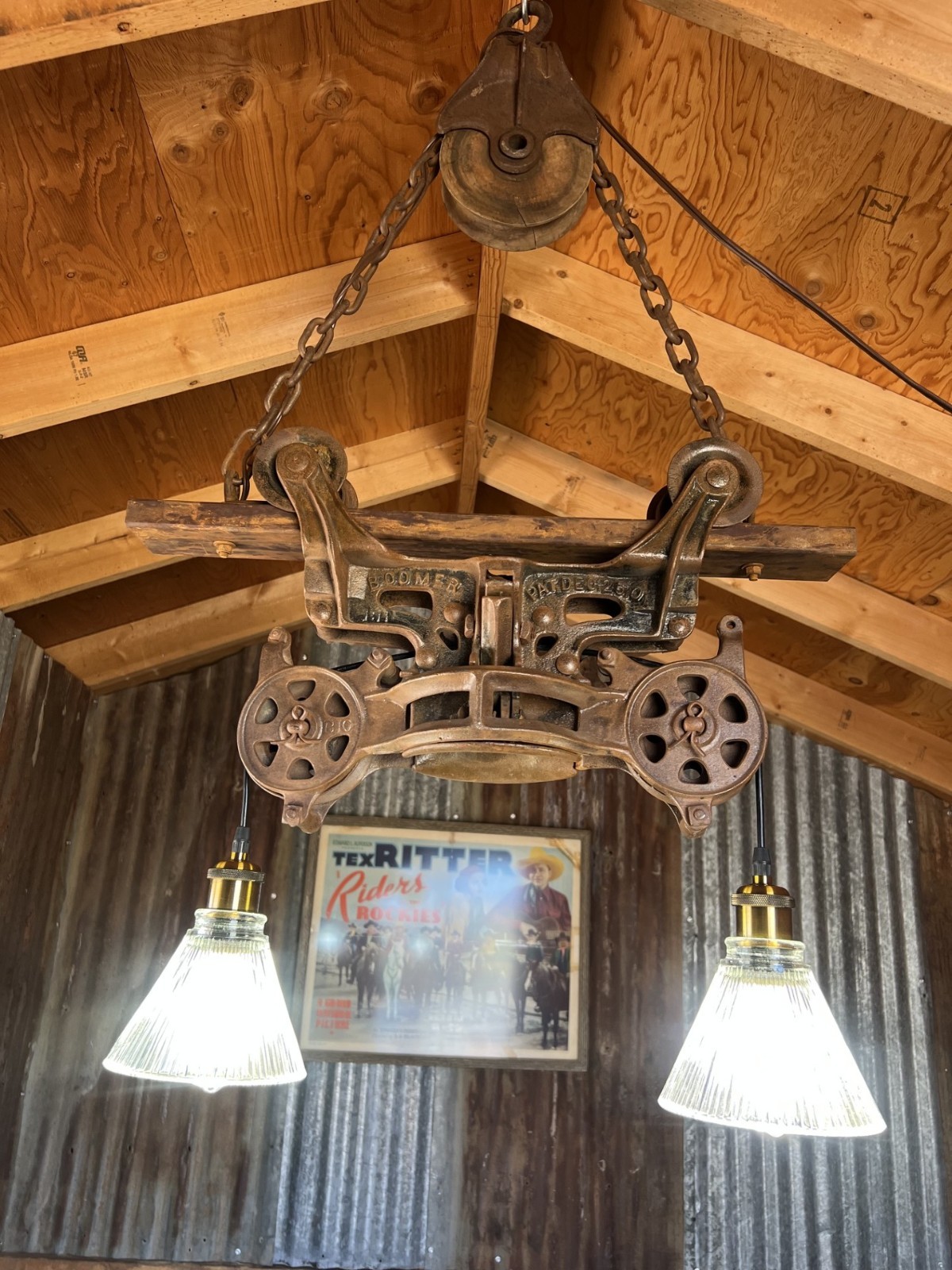 UNIQUE AUTHENTIC HAND-CRAFTED 1900’s BARN HAY-TROLLEY LIGHT FIXTURE