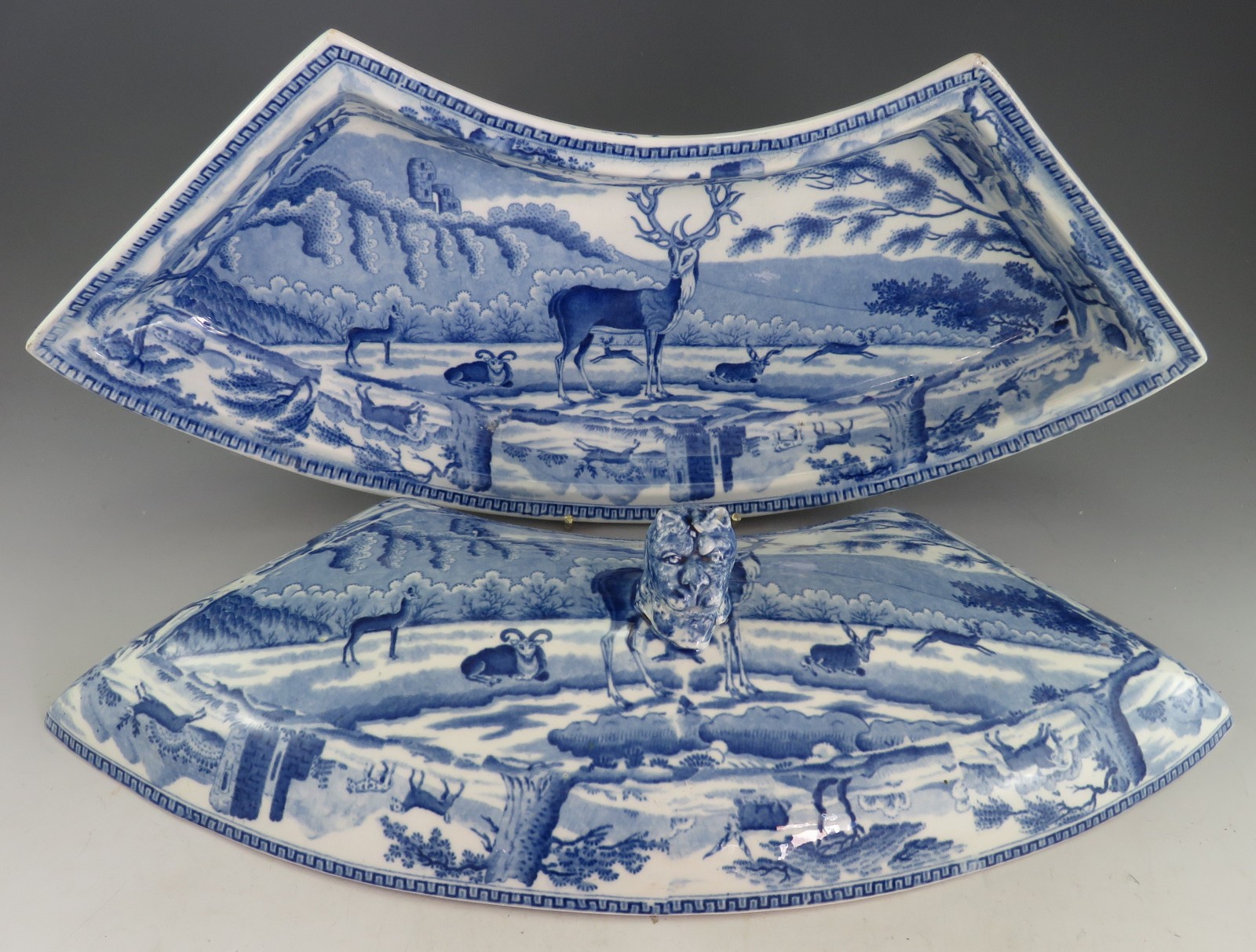 Antique Pottery Pearlware Blue Transfer Minton Bewick Stag Supper Tureen 1810