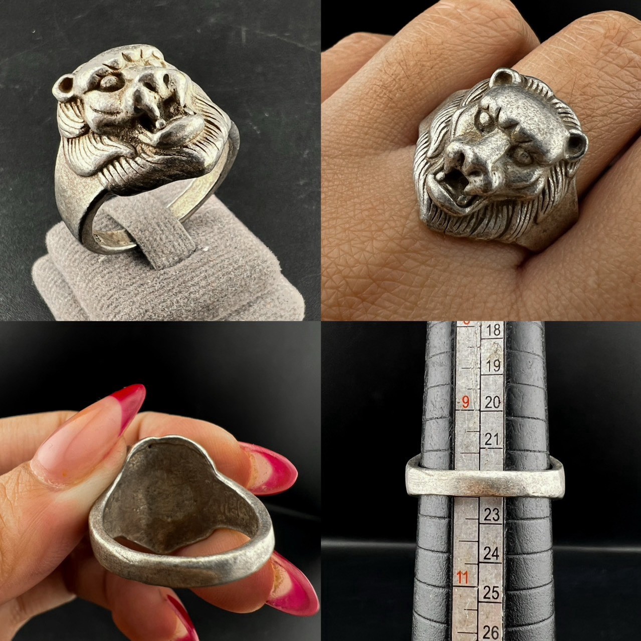 Rare Vintage Solid Silver Lion 2 Frog Head Ring