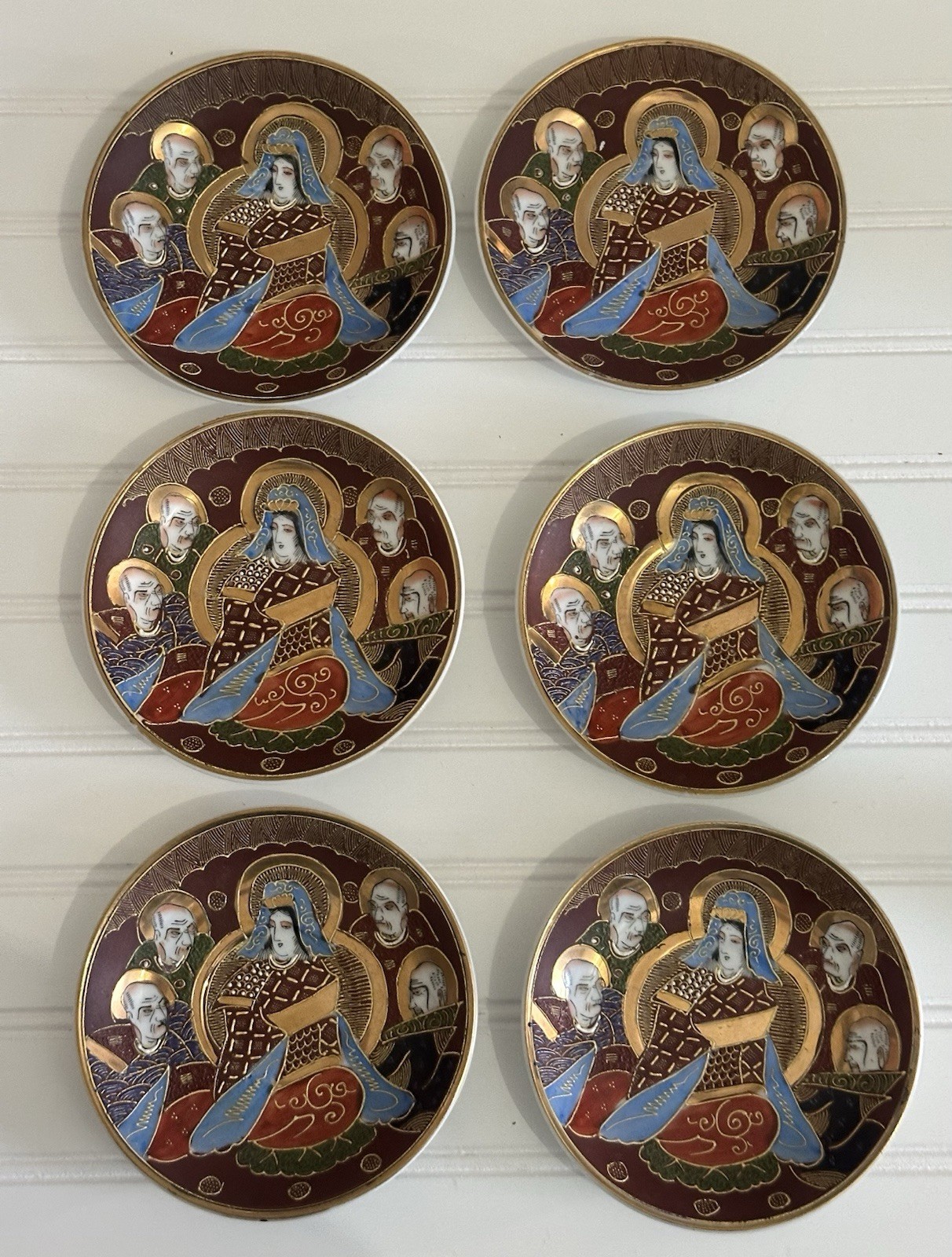 Satsuma Moriage Small Plate Set – Goddess Kanna & 4 Immortals Gold Accents – 6