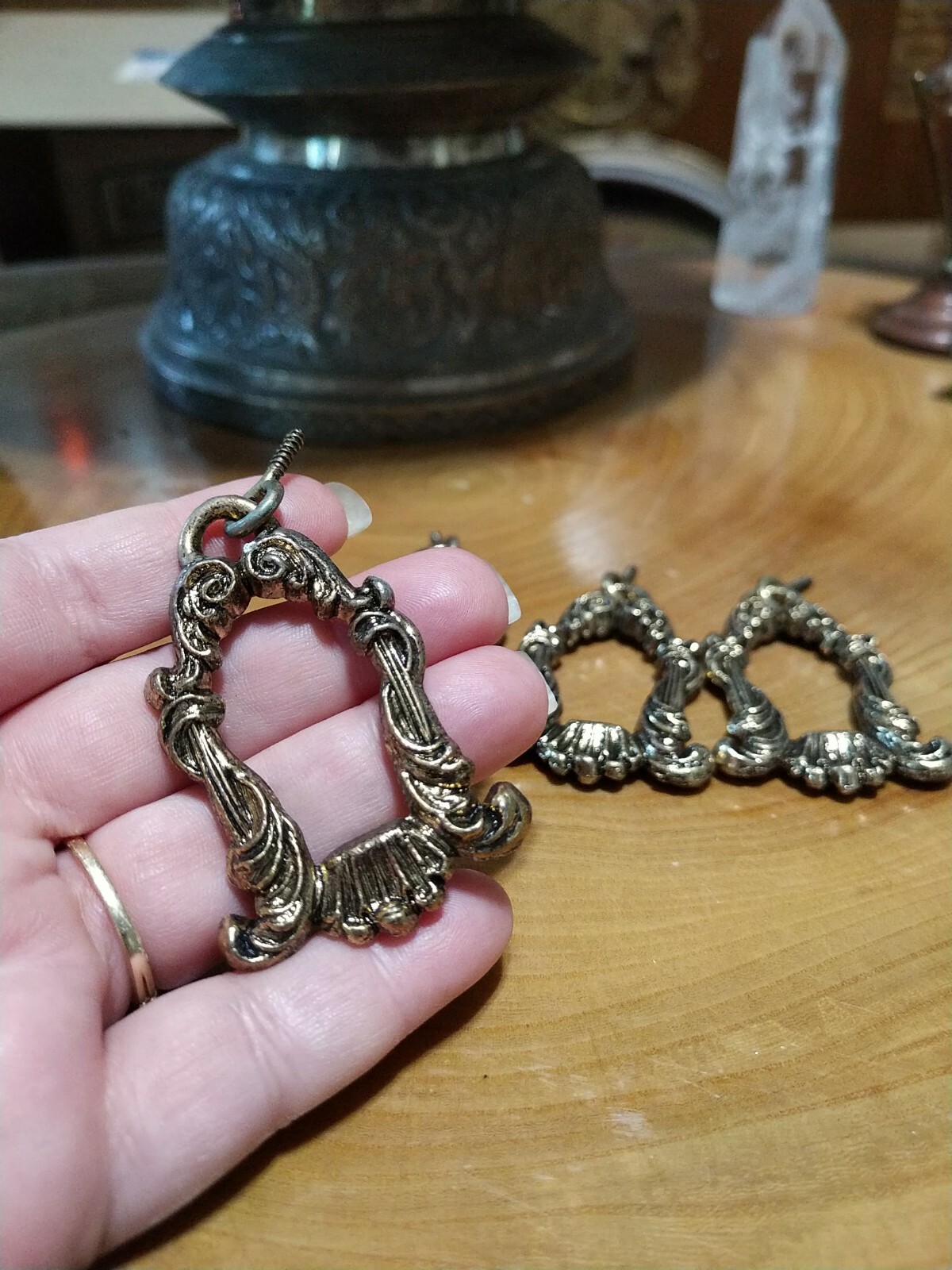 4 Vintage metal Drawer Pulls. Ornate scrolling design