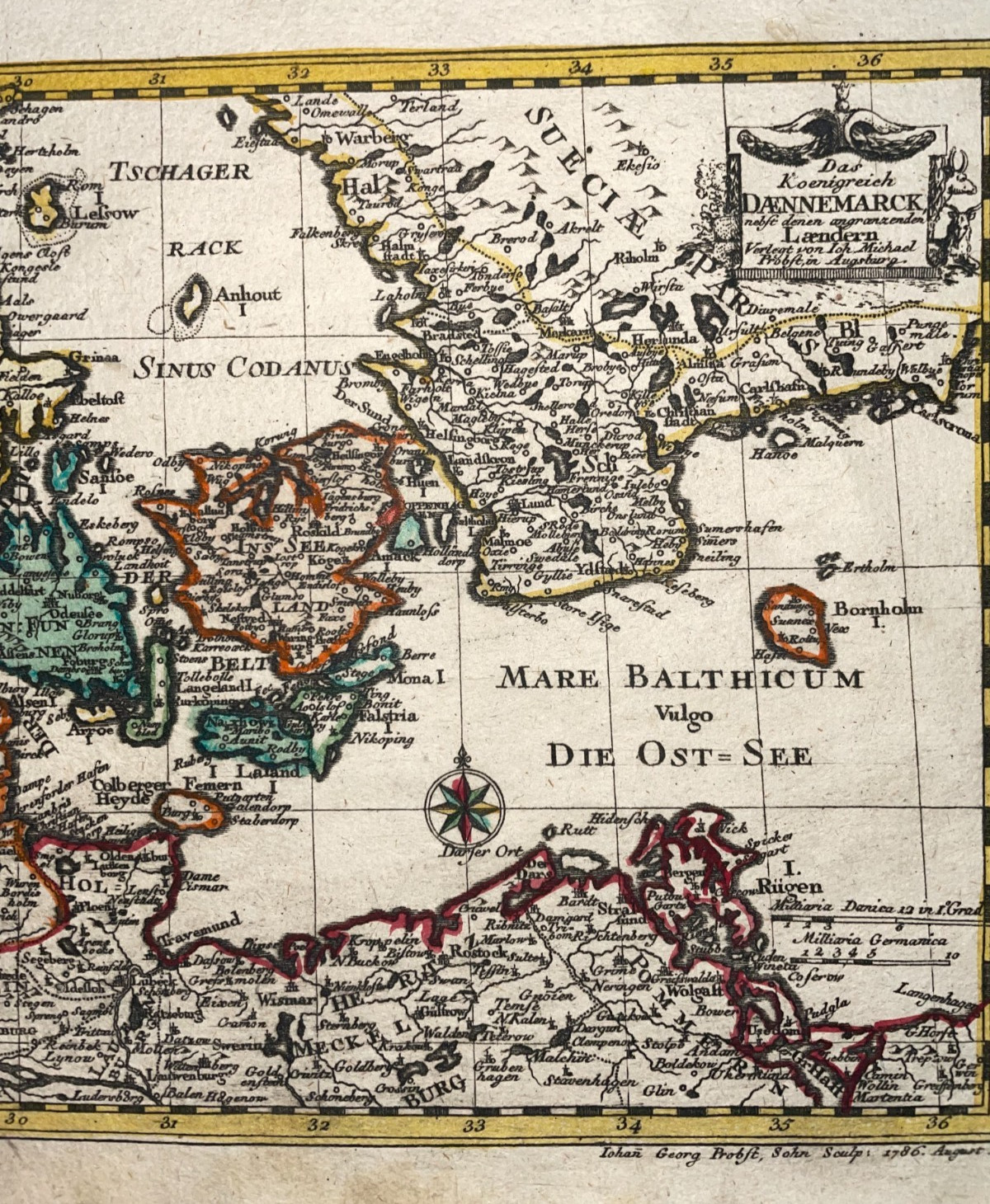 DENMARK DATED 1786 JOHANN MICHAEL PROBST ANTIQUE MAP 18TH CENTURY