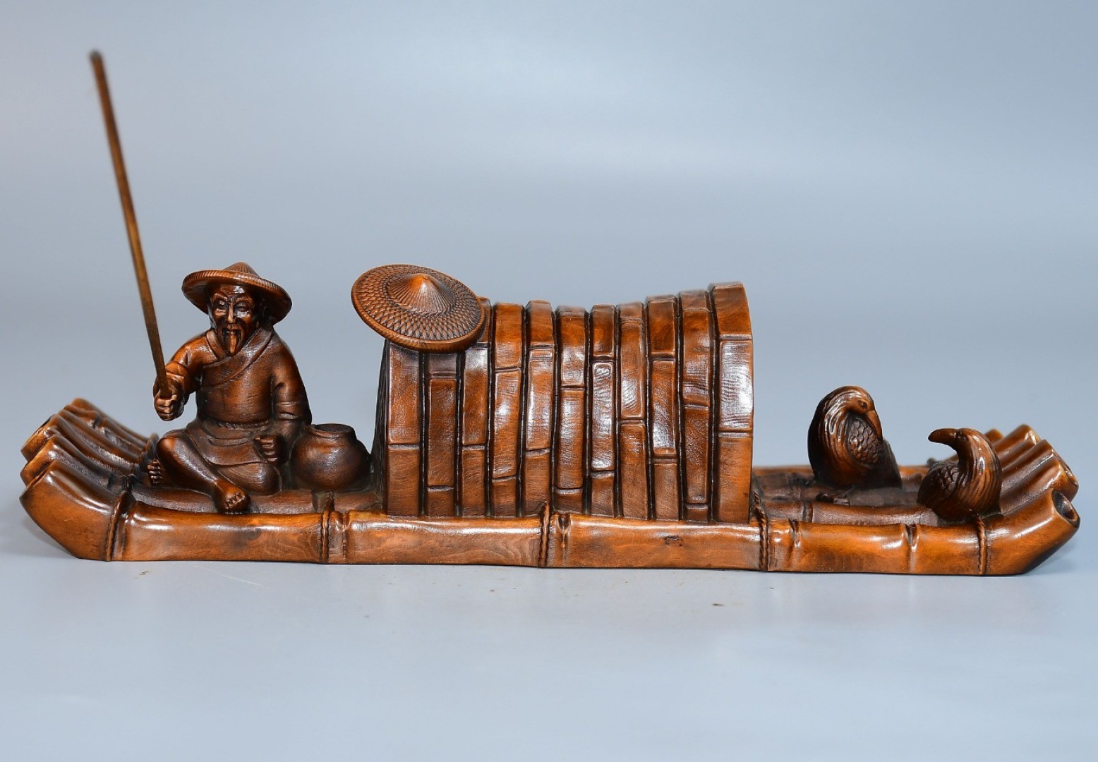 Boxwood Carving Figurine Carved Wooden Incense Holder Fisherman Cormorant Raft