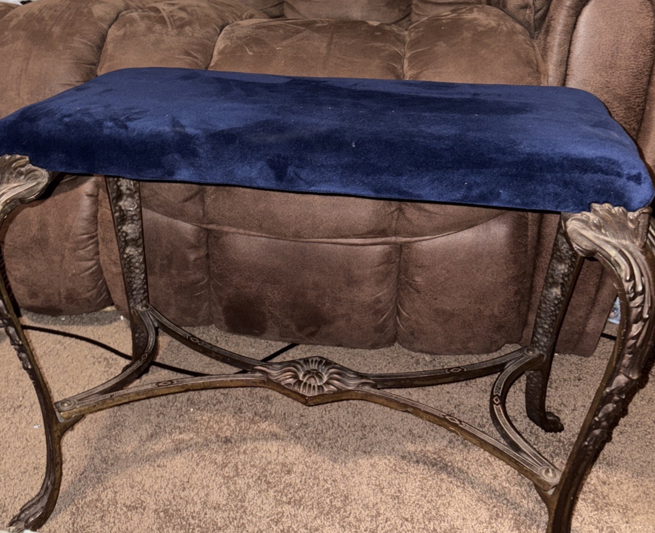 Vintage Art Nouveau Bench Cast Iron Legs Velvet Seat Center Support Claw Feet