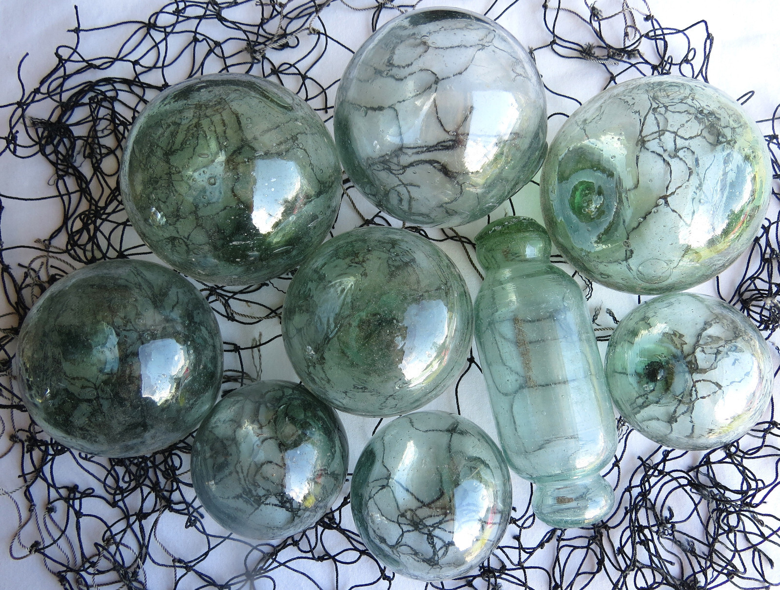 Japanese Glass Fishing FLOATS (9) Mixed In Moss Green Marks Antique +Net USA BZ