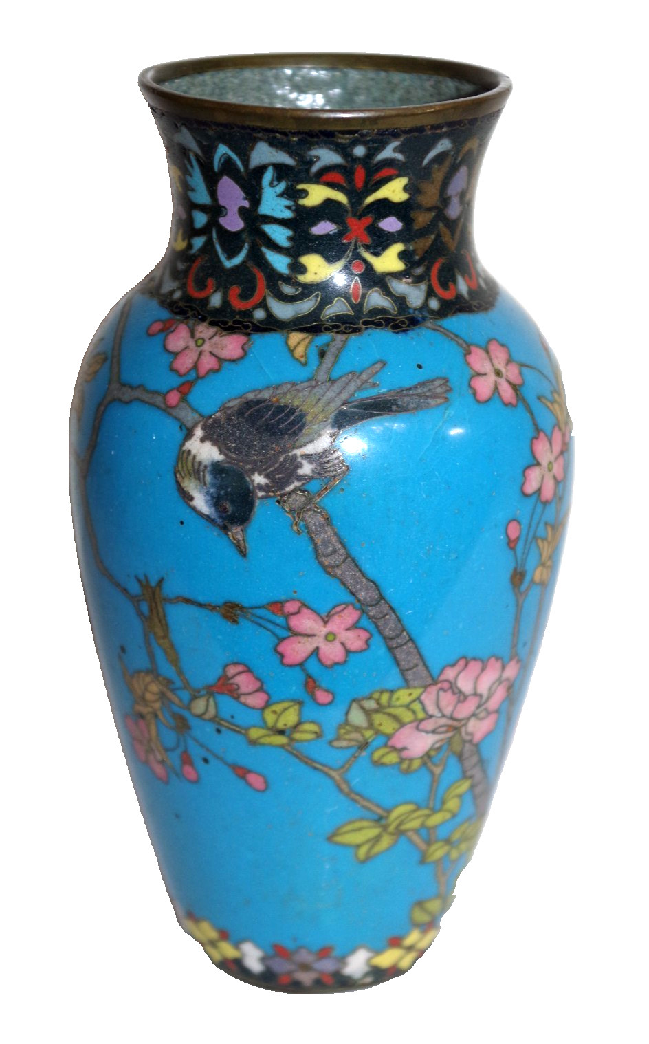 HS VTG Chinese Single Cloisonne Enamel Brass 6” Vase Blue Floral Bird Butterfly