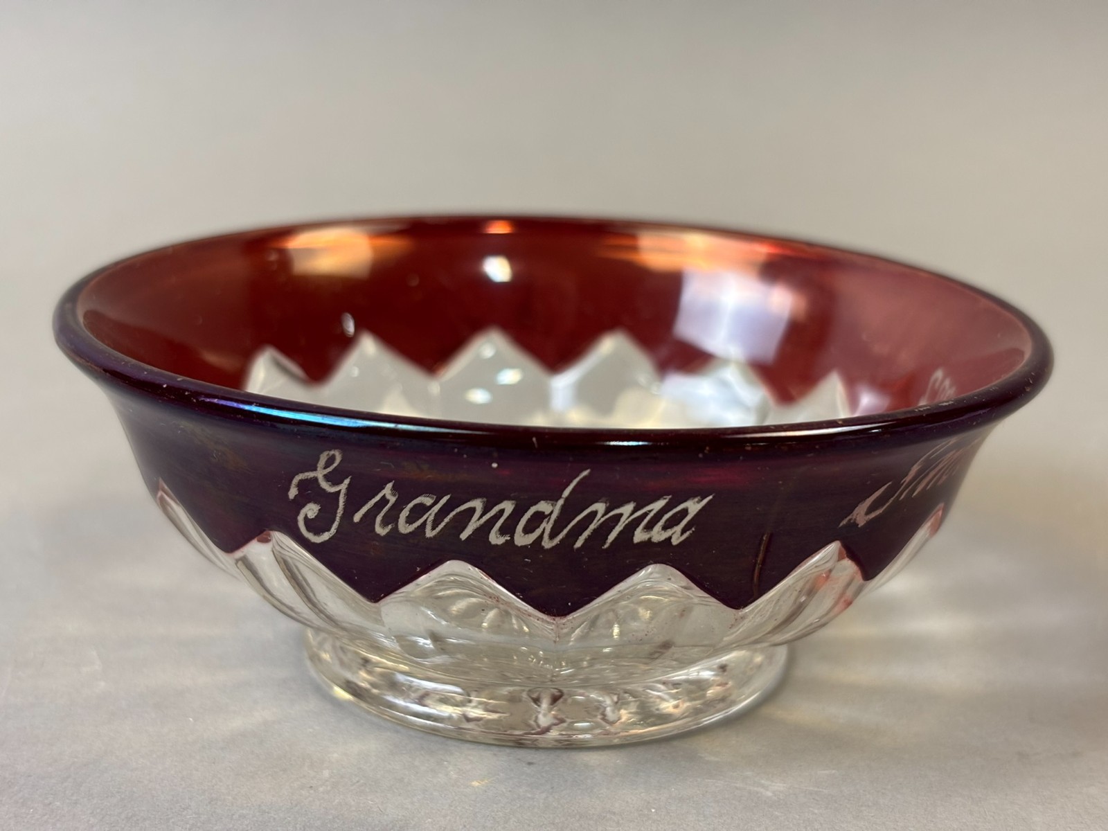 #1154 Antique GRANDMA SMITH 1922 Ruby Red Flash Souvenir CUT GLASS CANDY BOWL