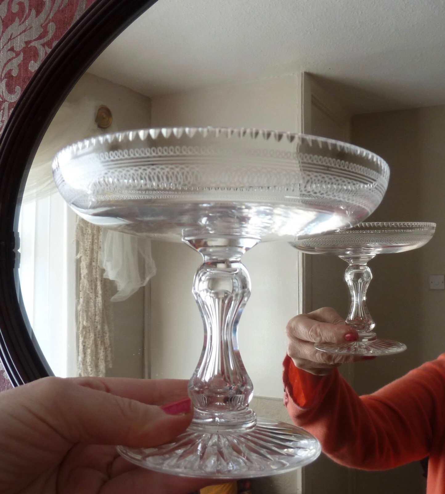 2x Antique Victorian Cut & Etched Crystal Comports Tazzas Pedestal Bowls h12,2cm