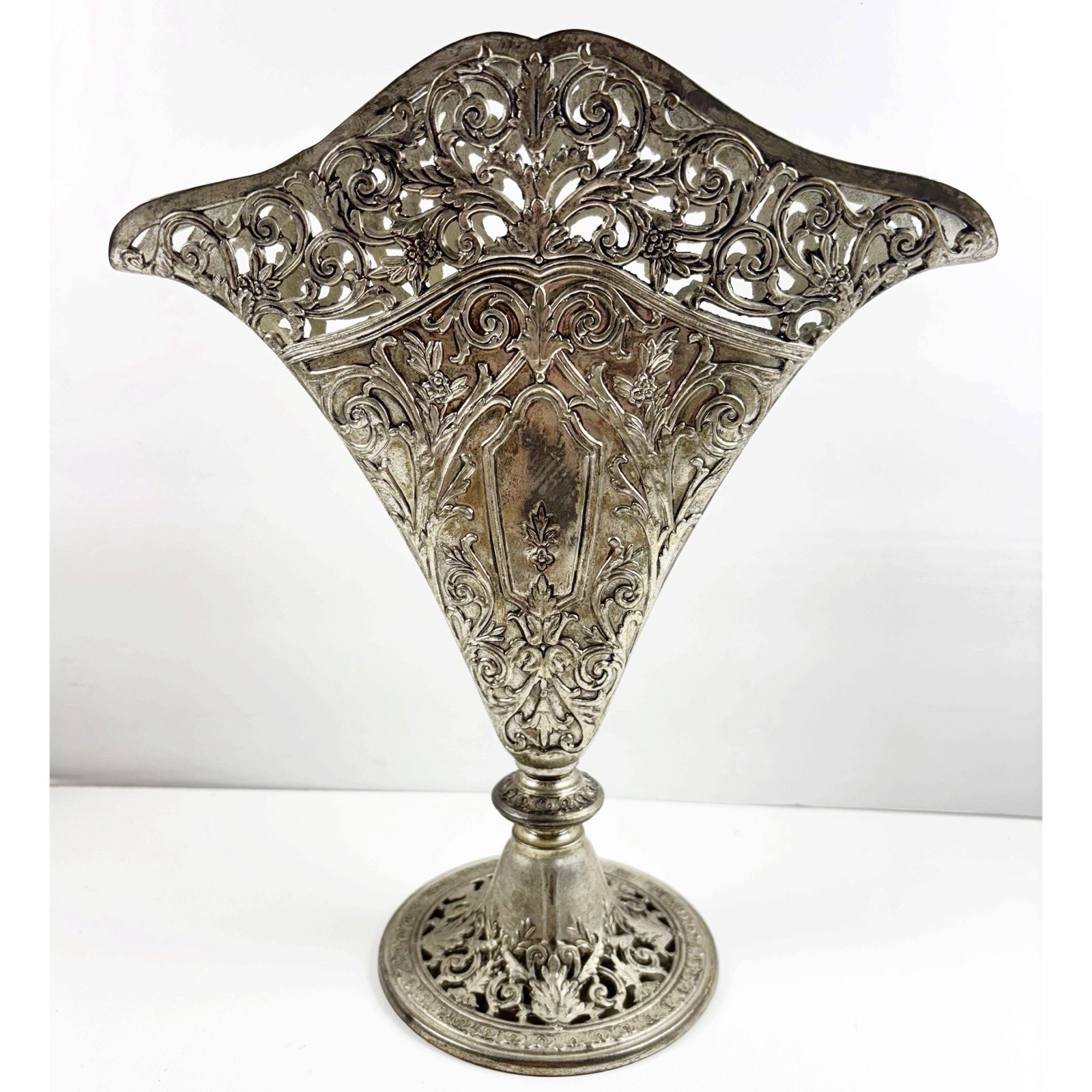 Godinger Silver Plated Vase Art Nouveau Pierced Flat Fan Shape 1991 GSA Vintage