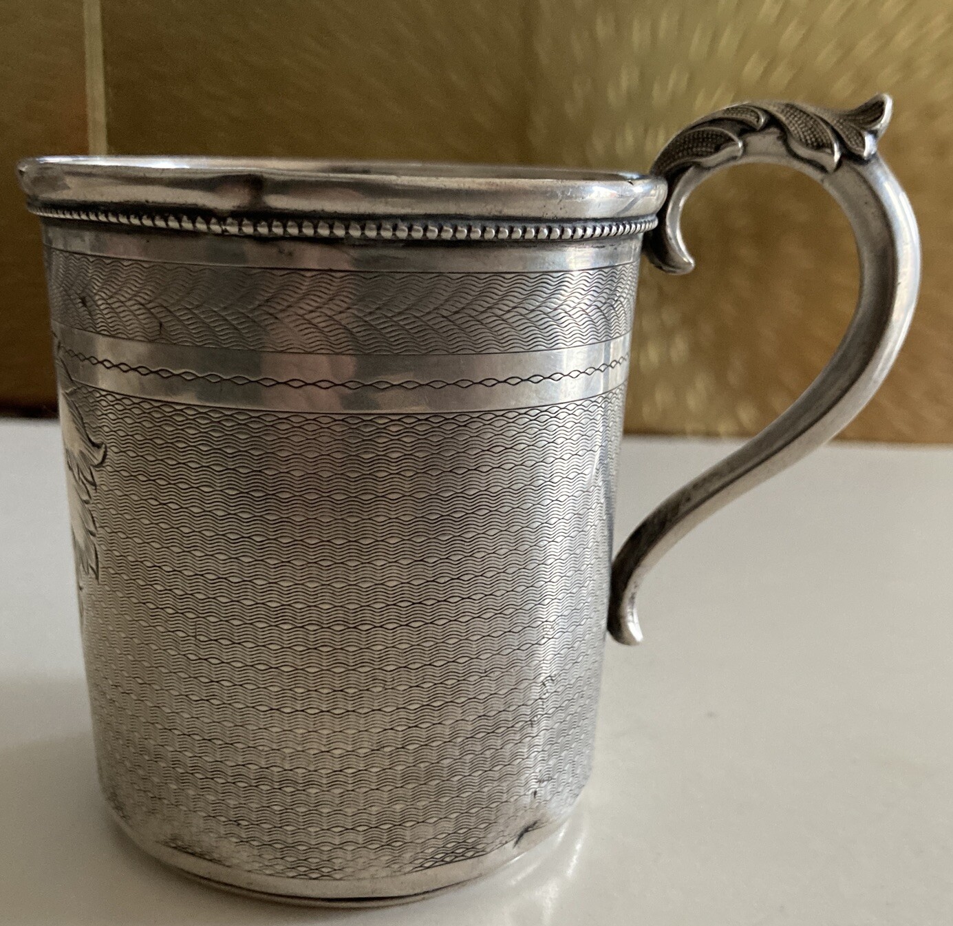 Antique American Coin Silver Maple Leaf Handle Cup S Hammond Co Utica NY