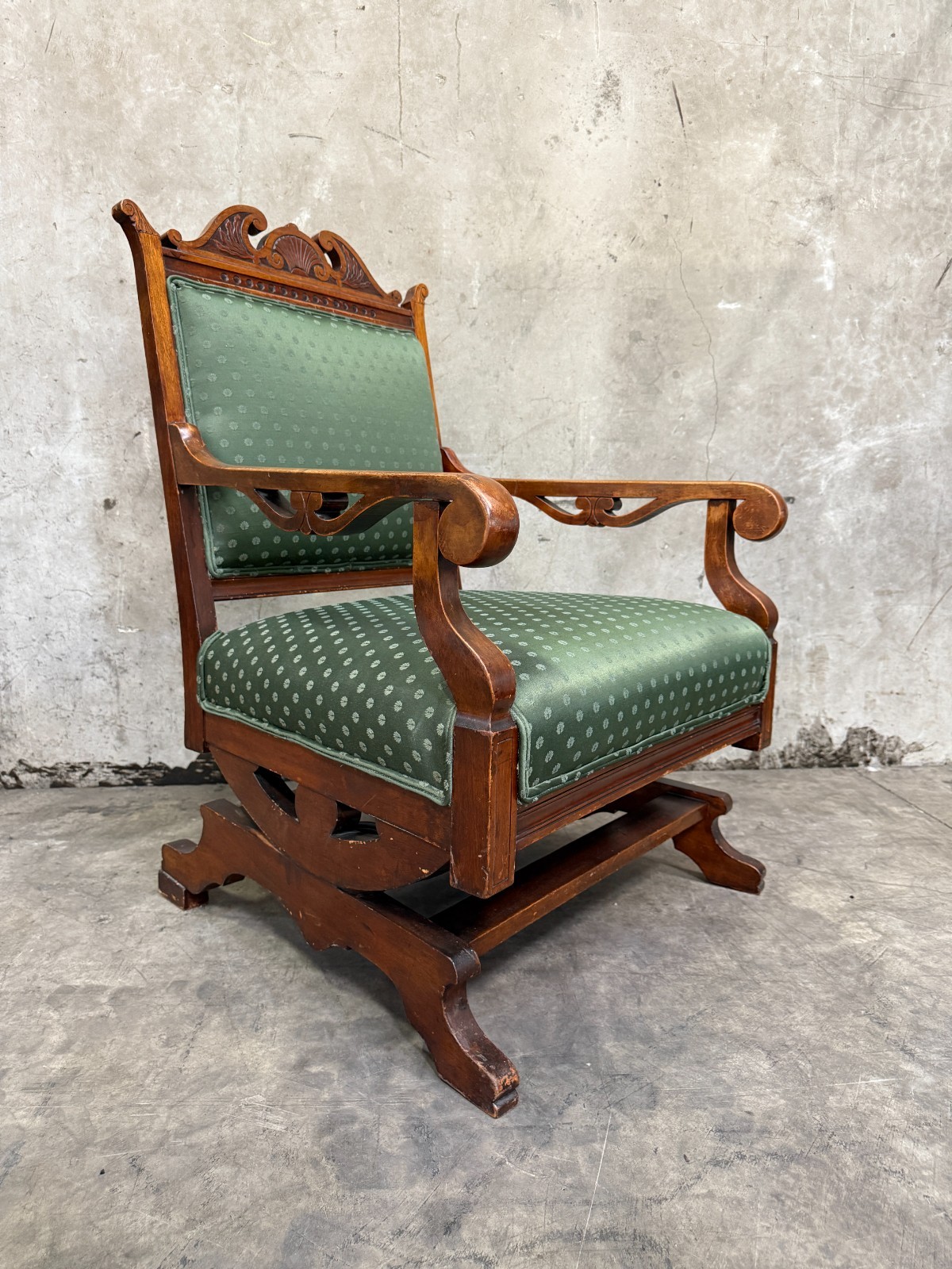 Antique Victorian Carved Wood Platform Rocker Chair Updated Green Upholstery USA
